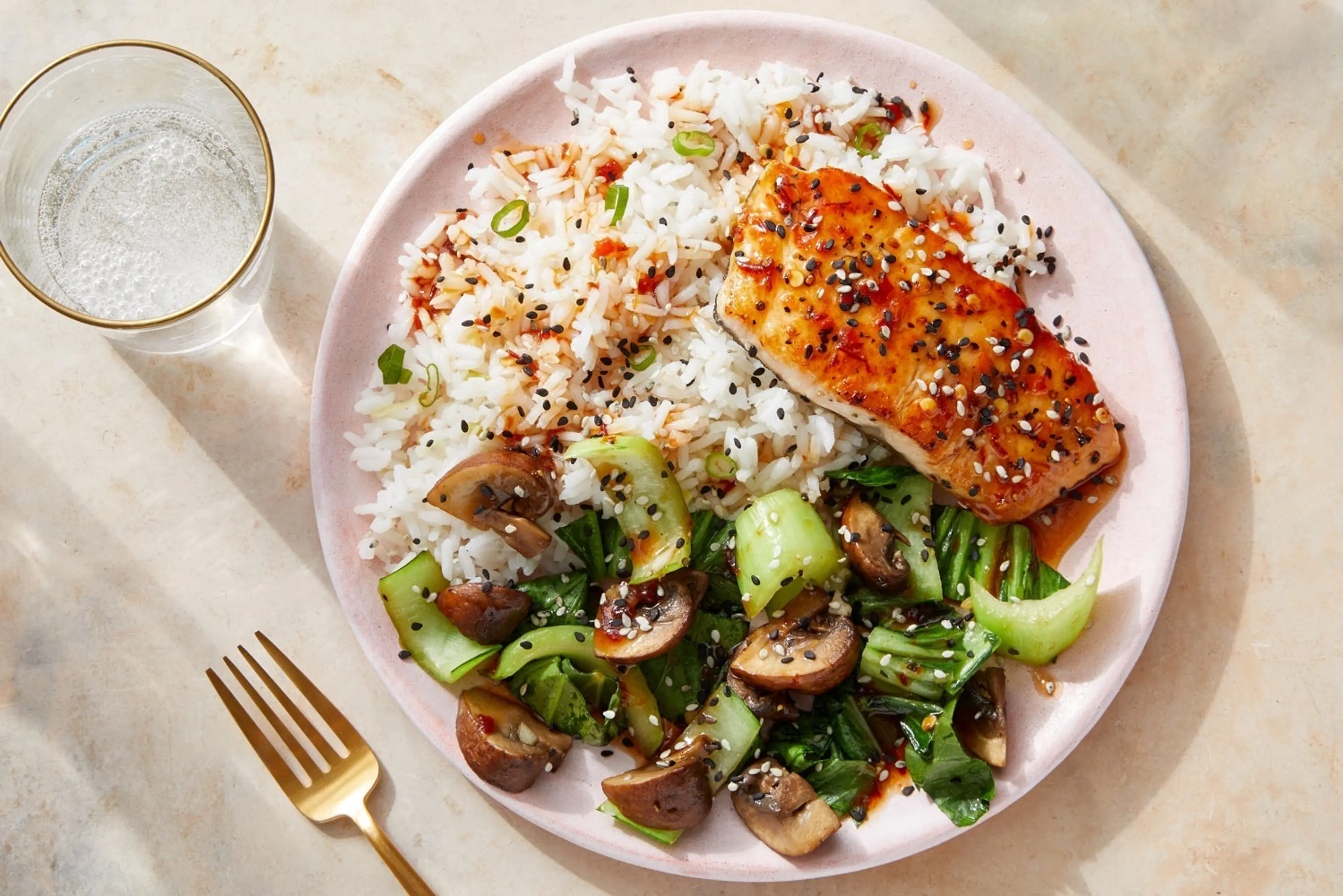 Seared Trout & Spicy Sesame Sauce with Bok Choy & Mushrooms