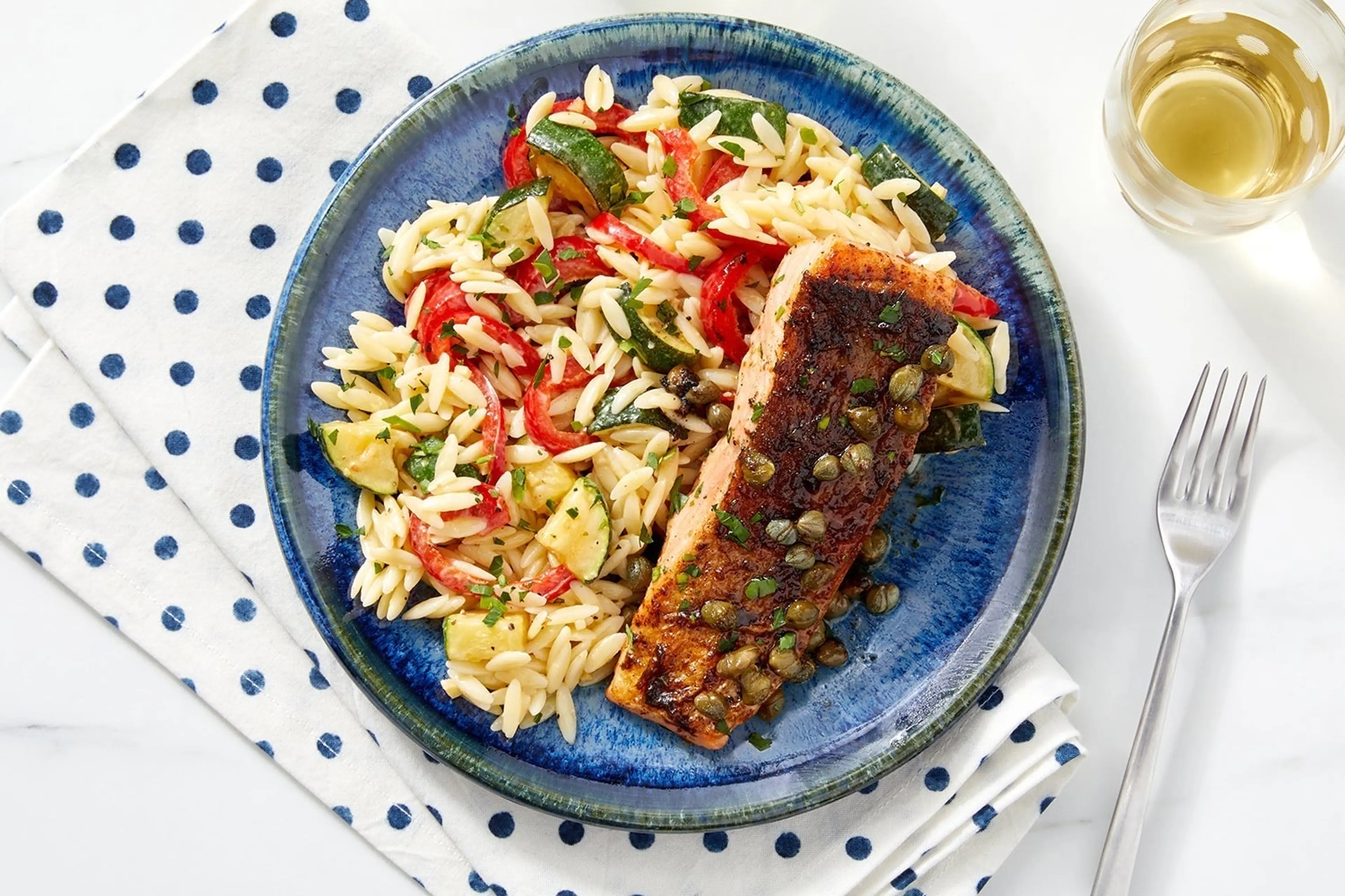 Crispy Skin Salmon & Orzo with Lemon-Caper Sauce