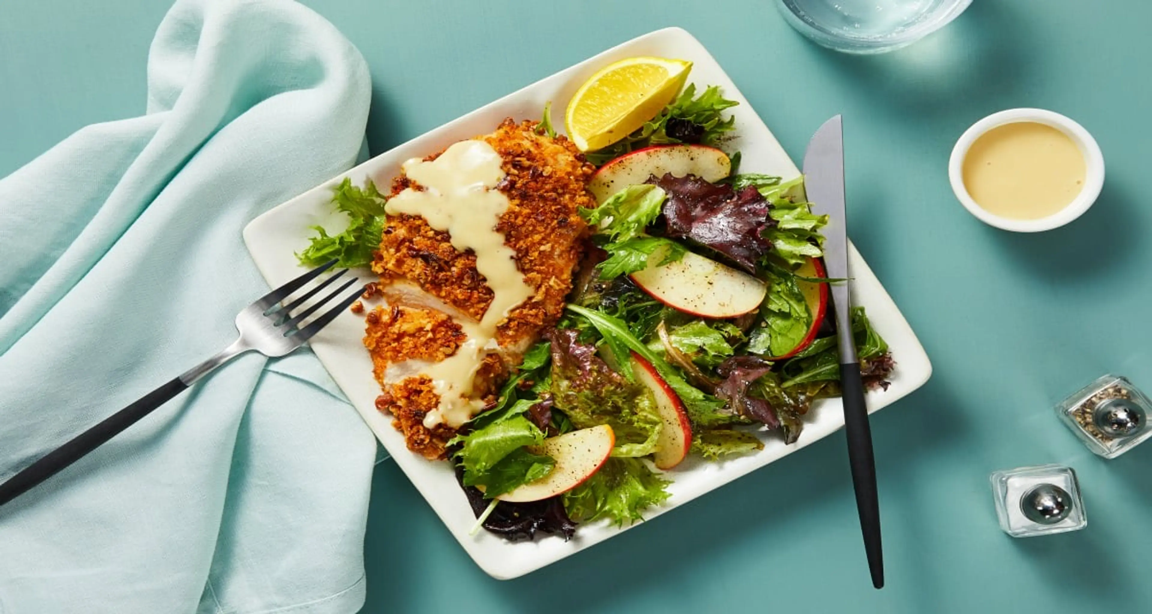 Pecan-Crusted Chicken with Honey Mustard Sauce & Lemony Appl