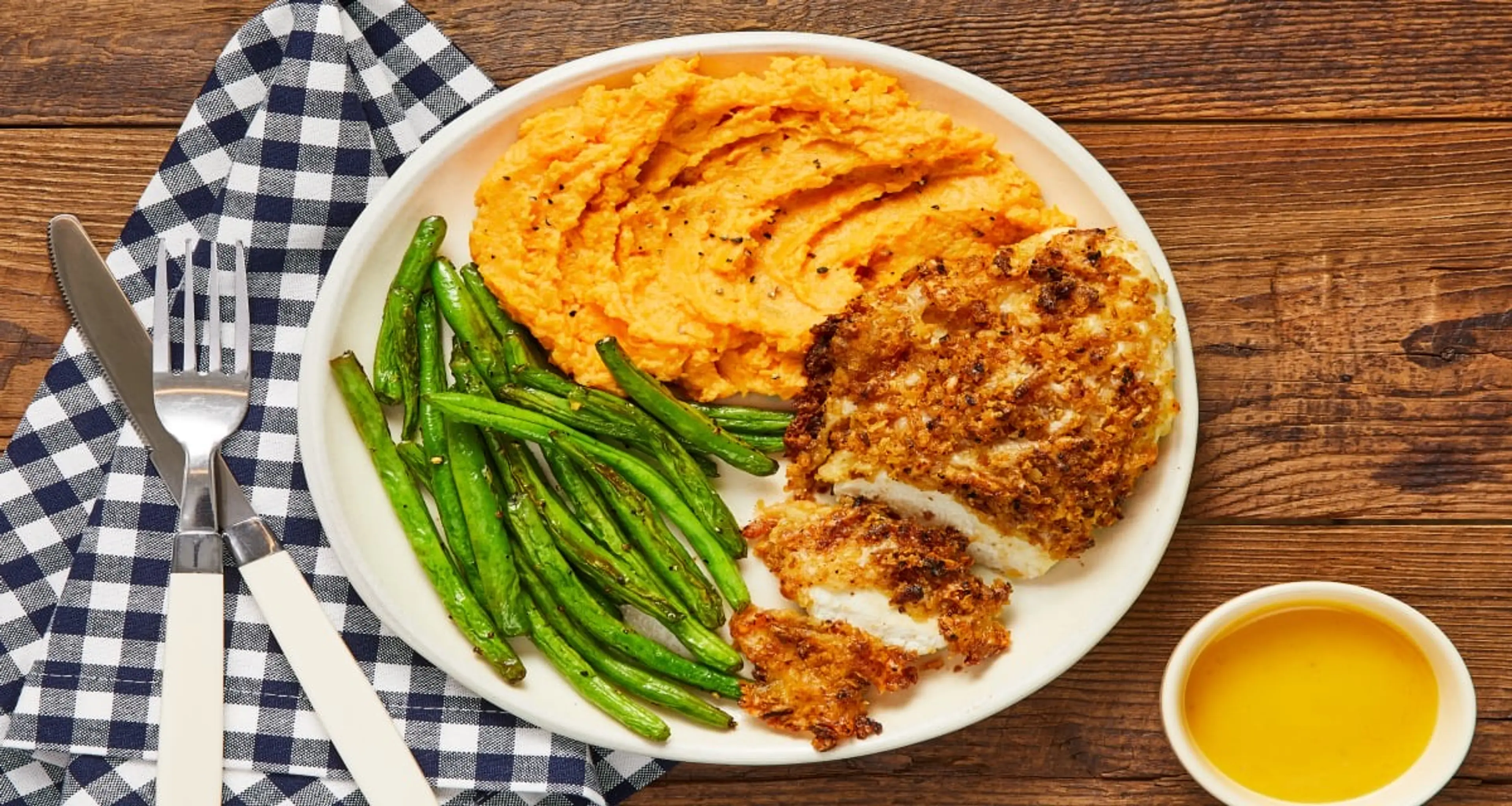 Onion Crunch Chicken with Mashed Sweet Potatoes, Roasted Gre