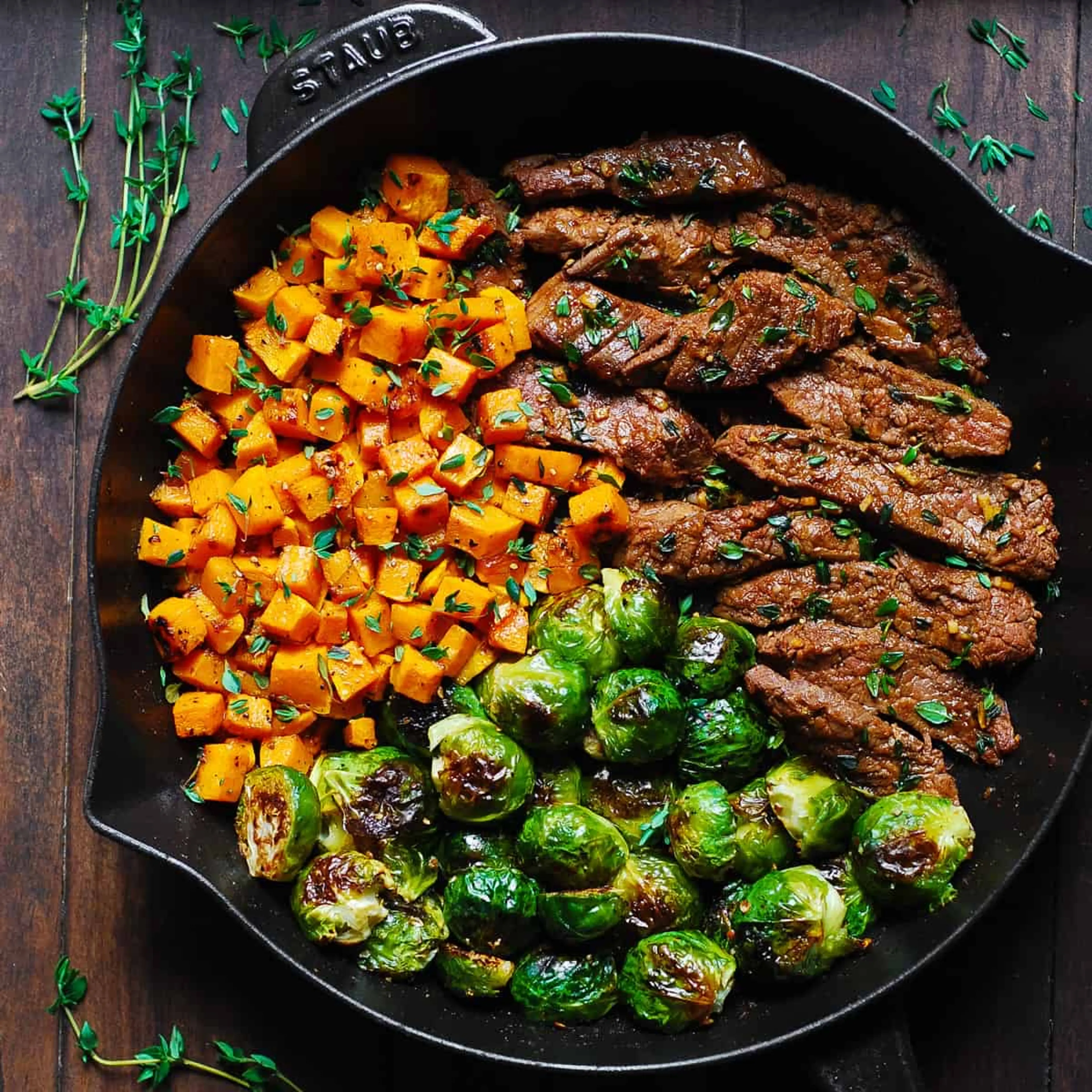 Garlic Butter Steak with Brussels Sprouts and Butternut Squa