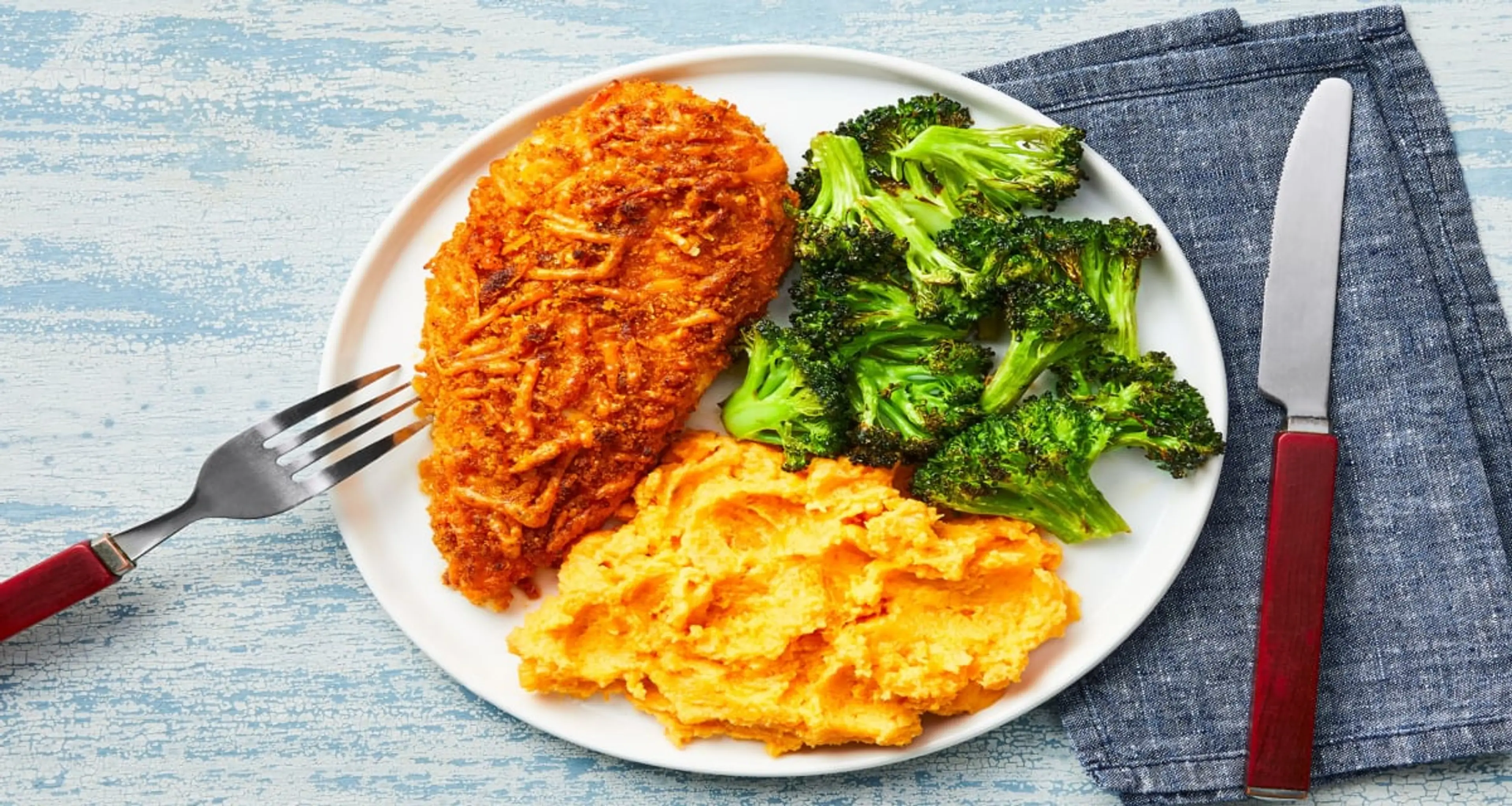 Cheddar-Crusted Chicken with Buttery Mashed Sweet Potatoes a