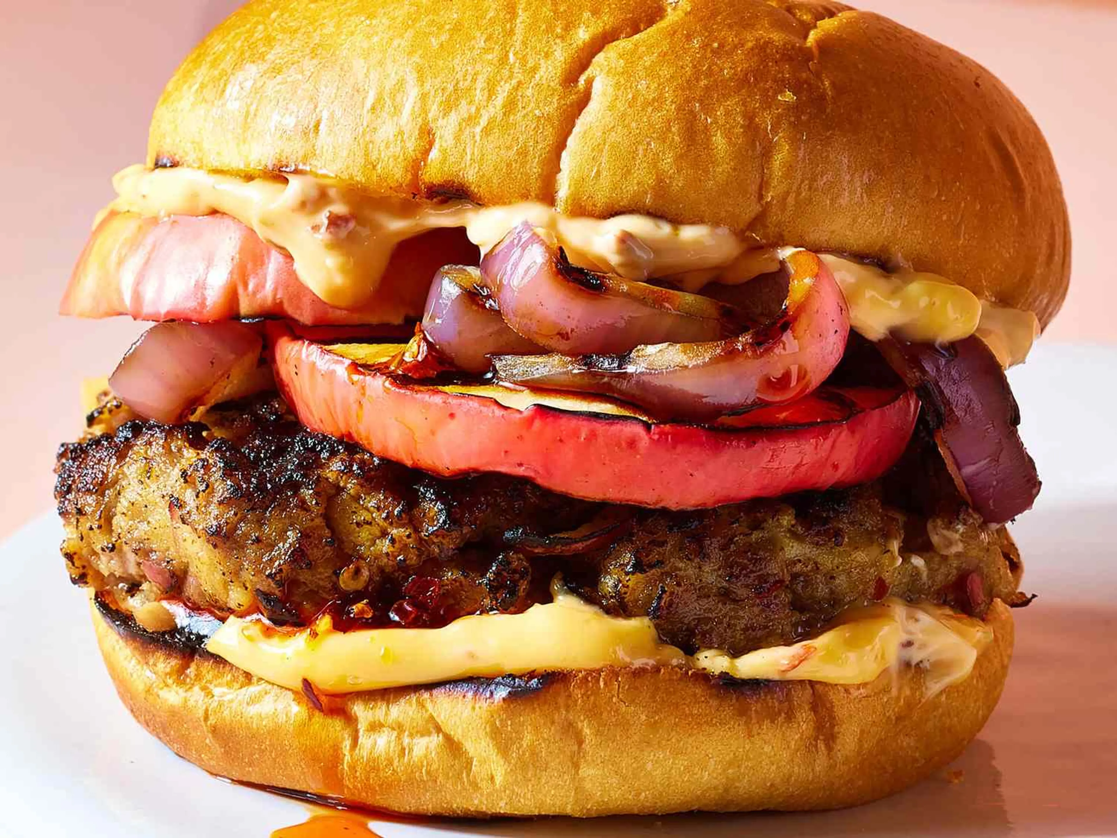 Hamburgers with Grilled Apple and Chili Crisp