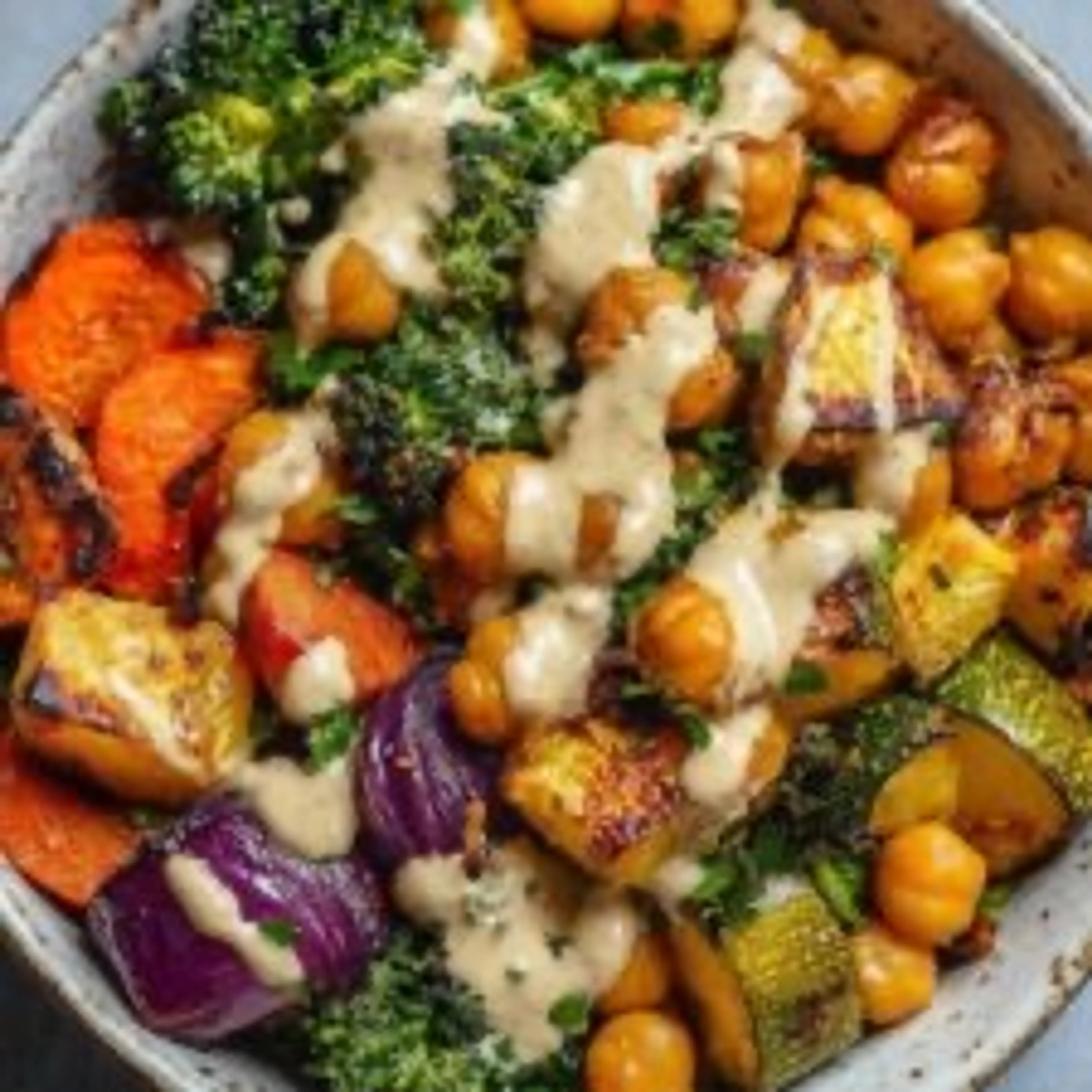 Roasted Vegetable and Chickpea Bowls with Maple Dijon Tahini