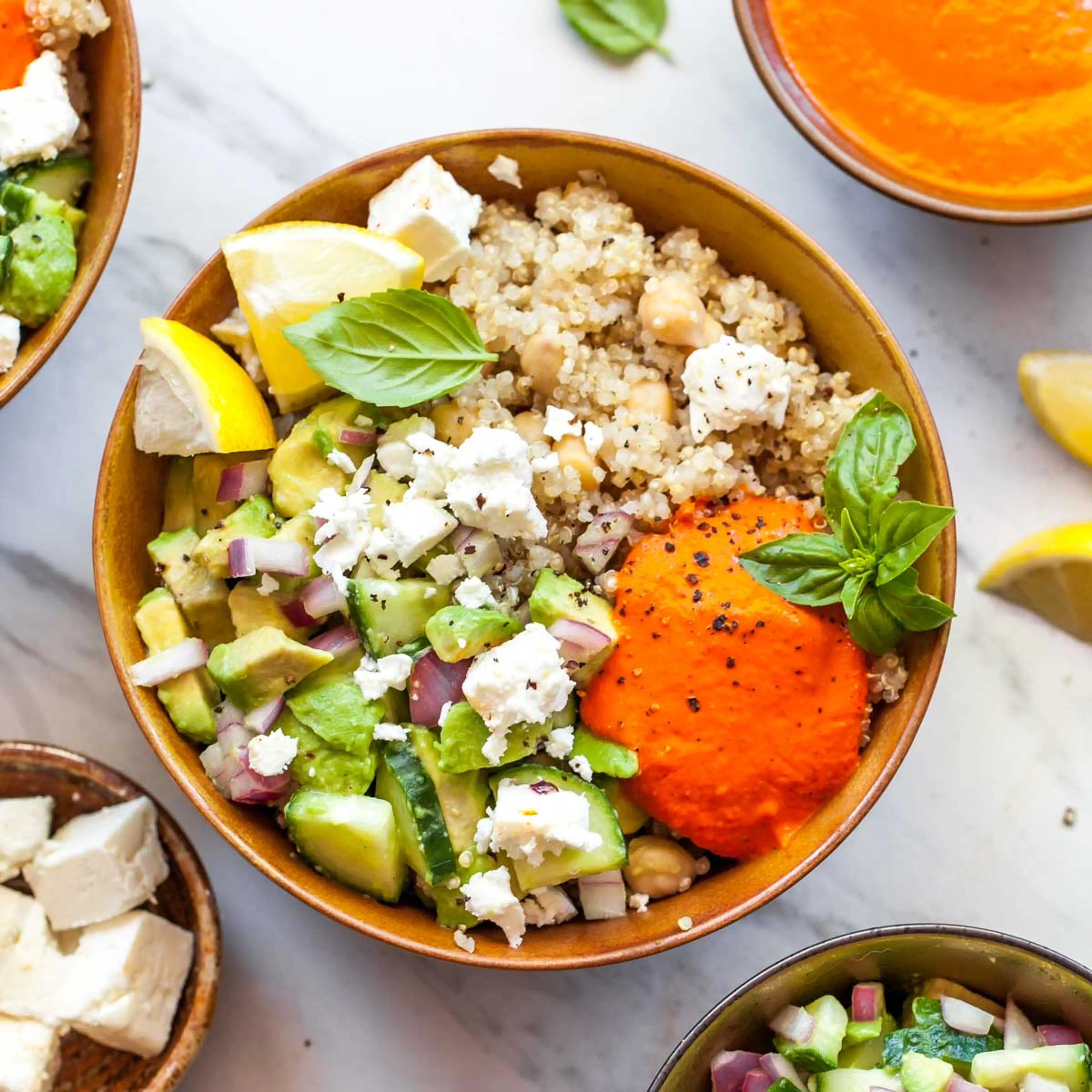 Mediterranean Power Bowls with Red Pepper Sauce