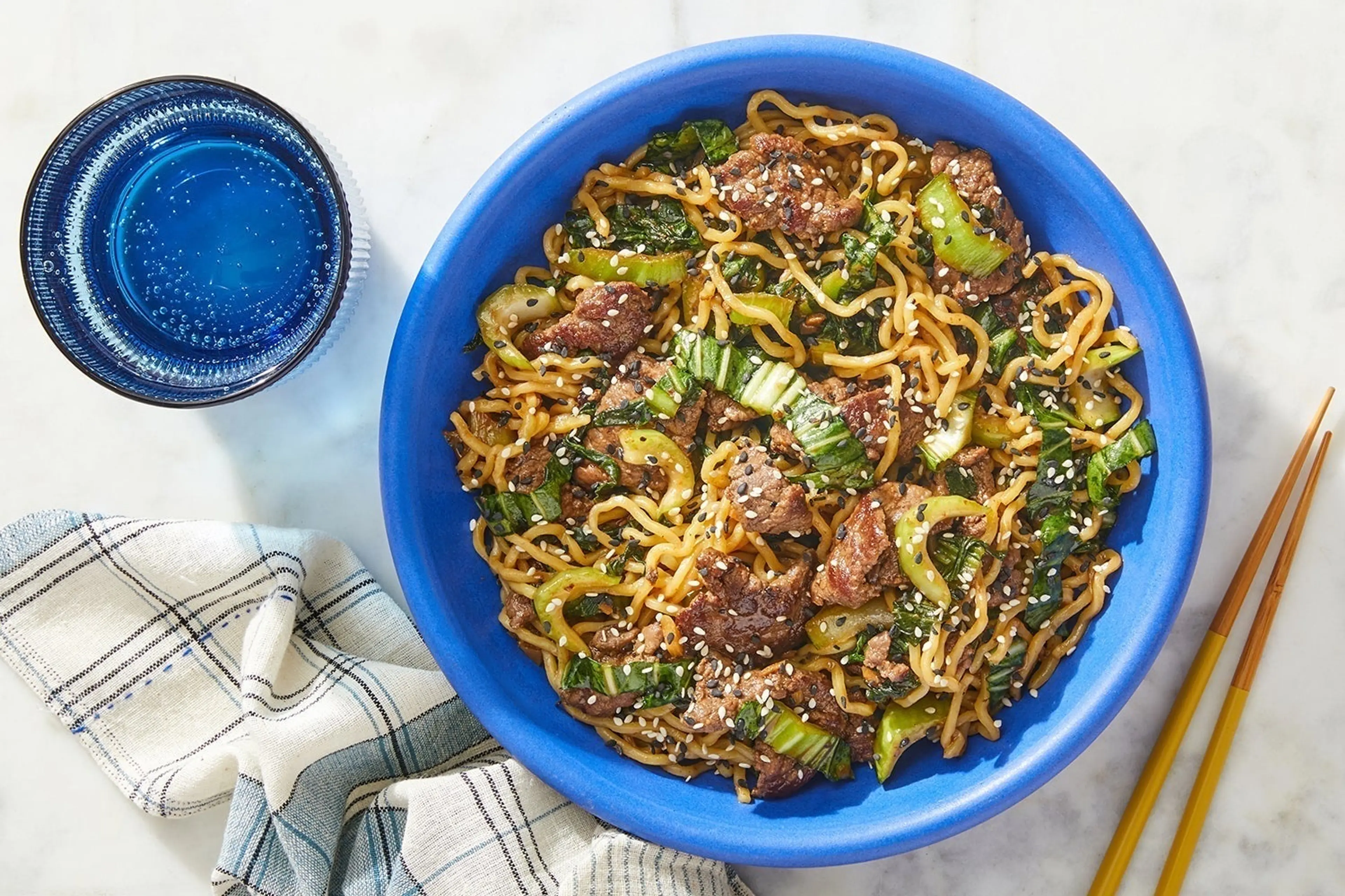 Beef & Ramen Noodle Stir-Fry with Bok Choy & Sesame Seeds