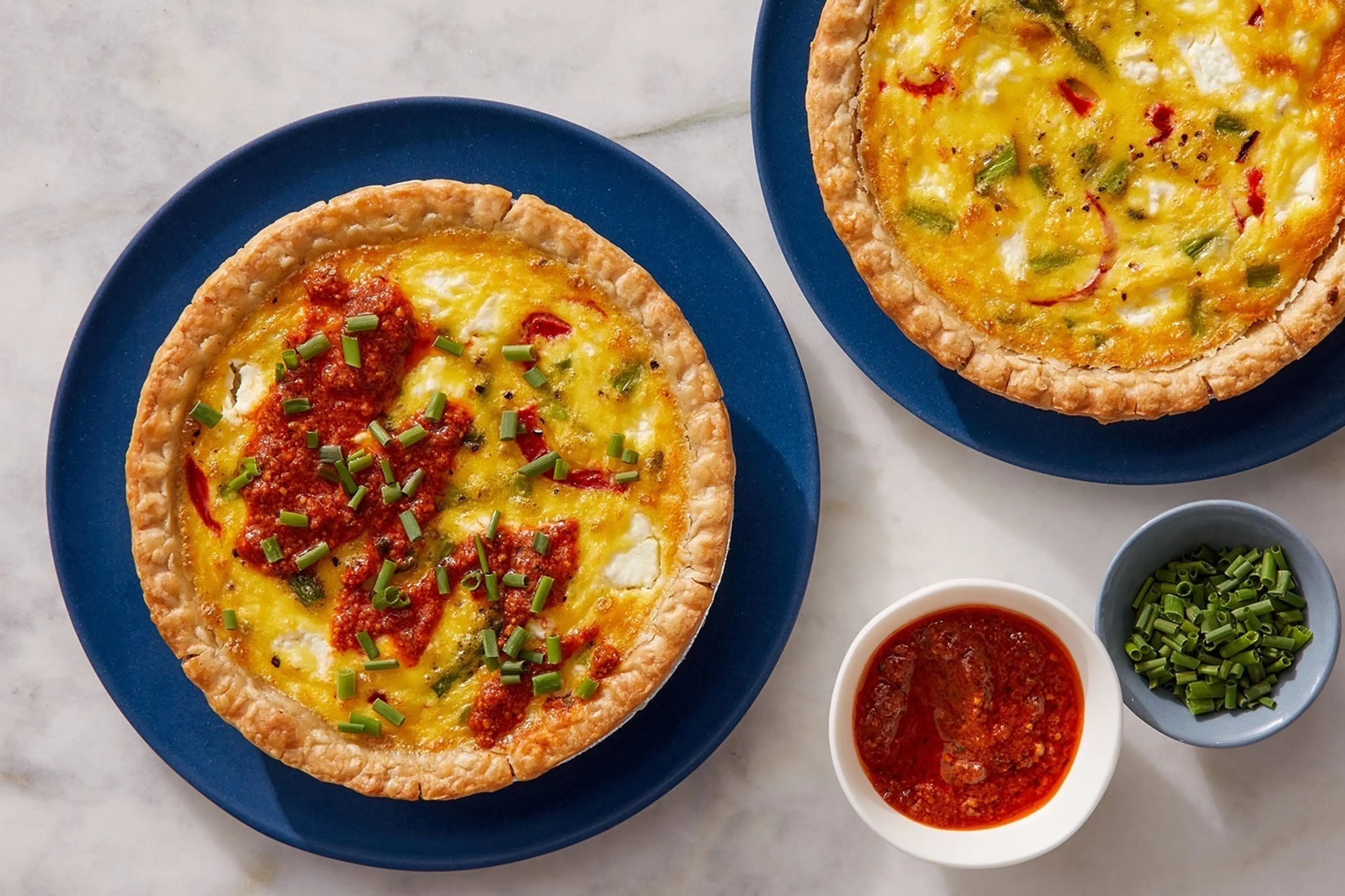 Asparagus & Goat Cheese Quiche with Romesco Sauce & Chives