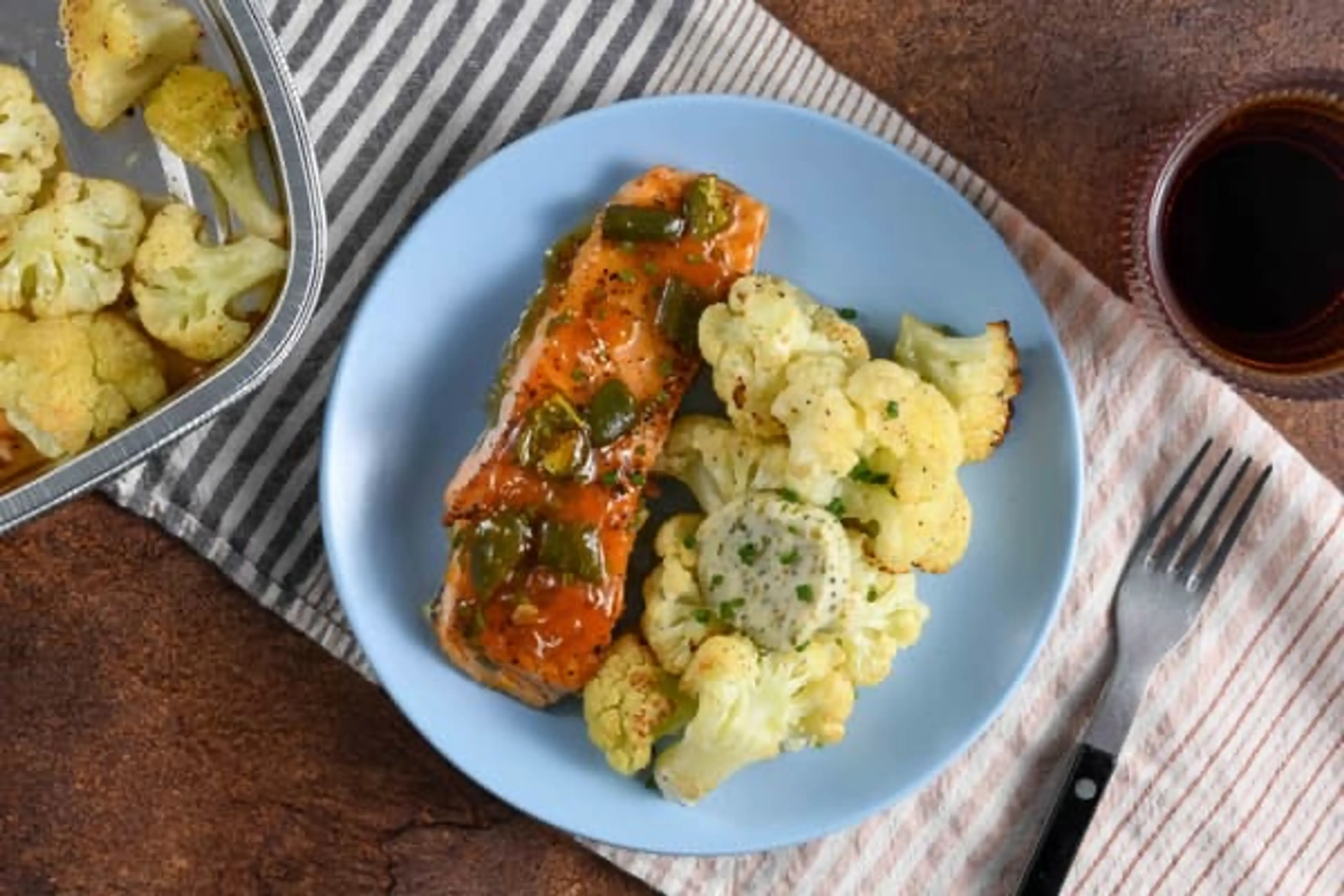 Apricot Jalapeño-Glazed Salmon with buttery cauliflower