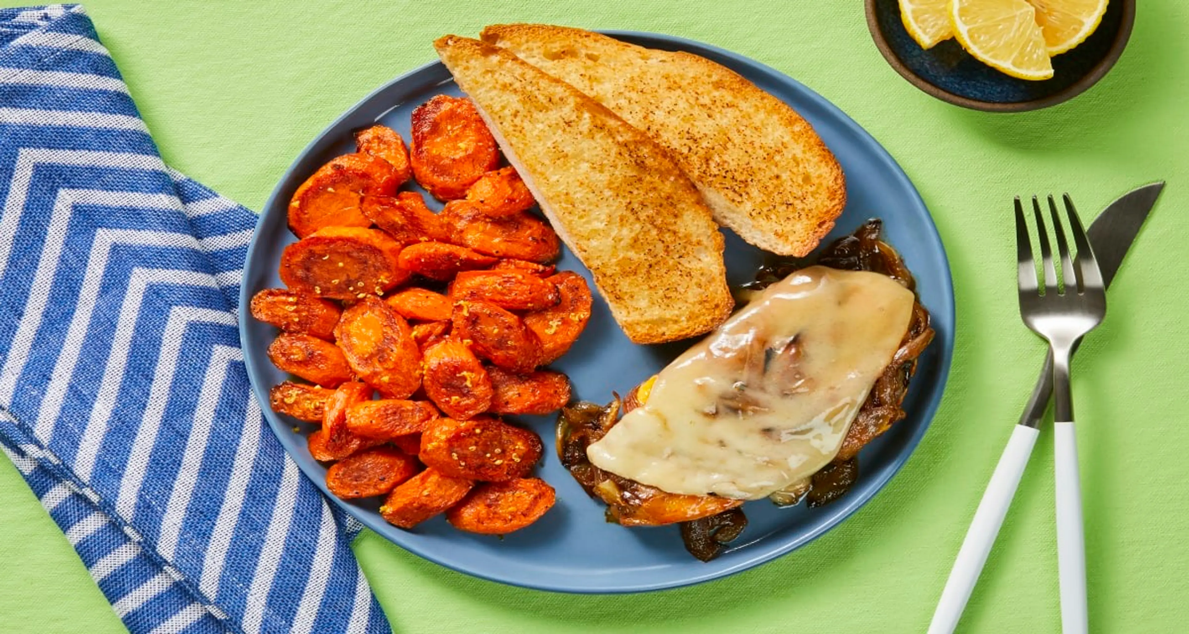 Cheesy French Onion Chicken with Garlic Bread & Lemony Roast