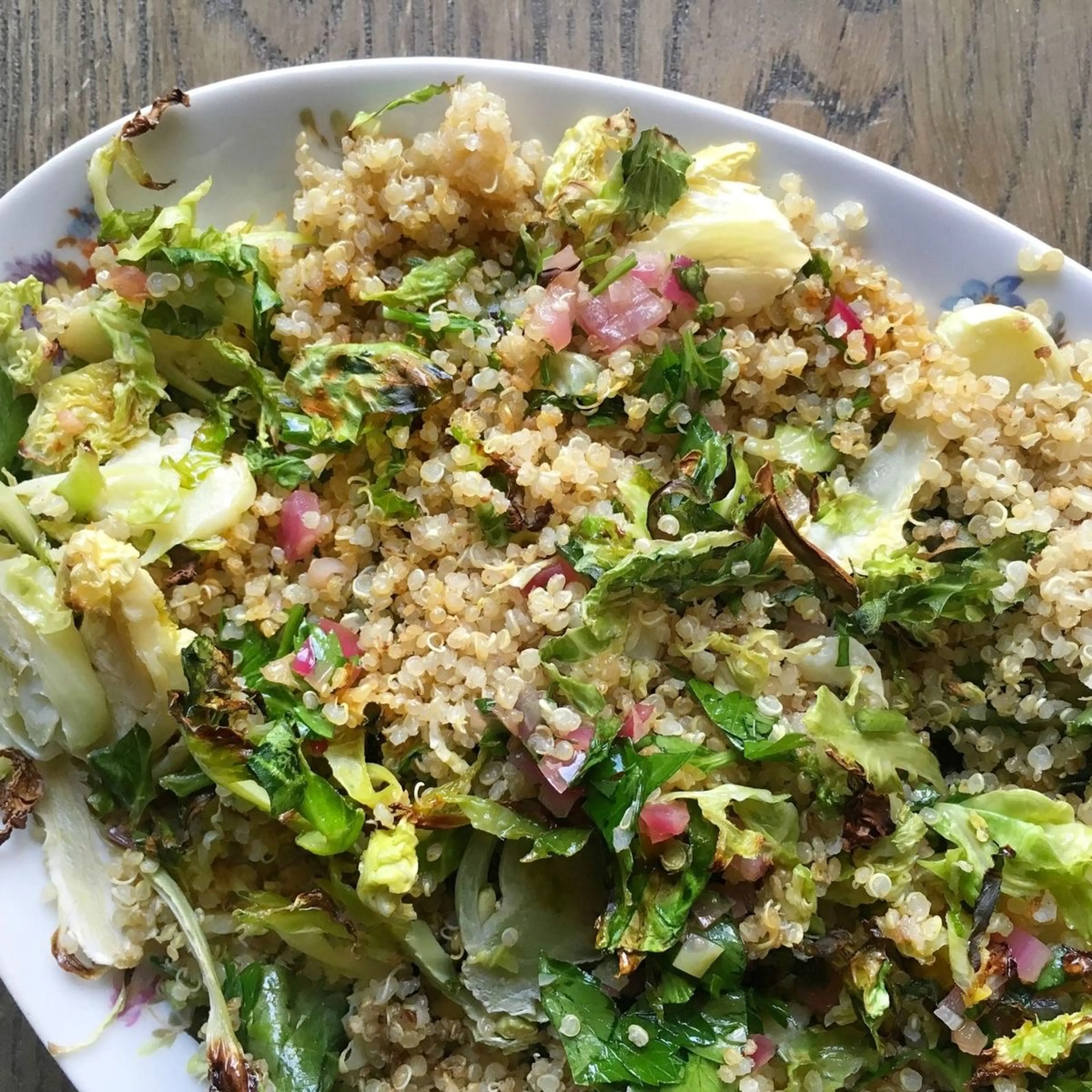 Roasted Brussels Sprouts & Quinoa with Warm Red Onion Vinaig