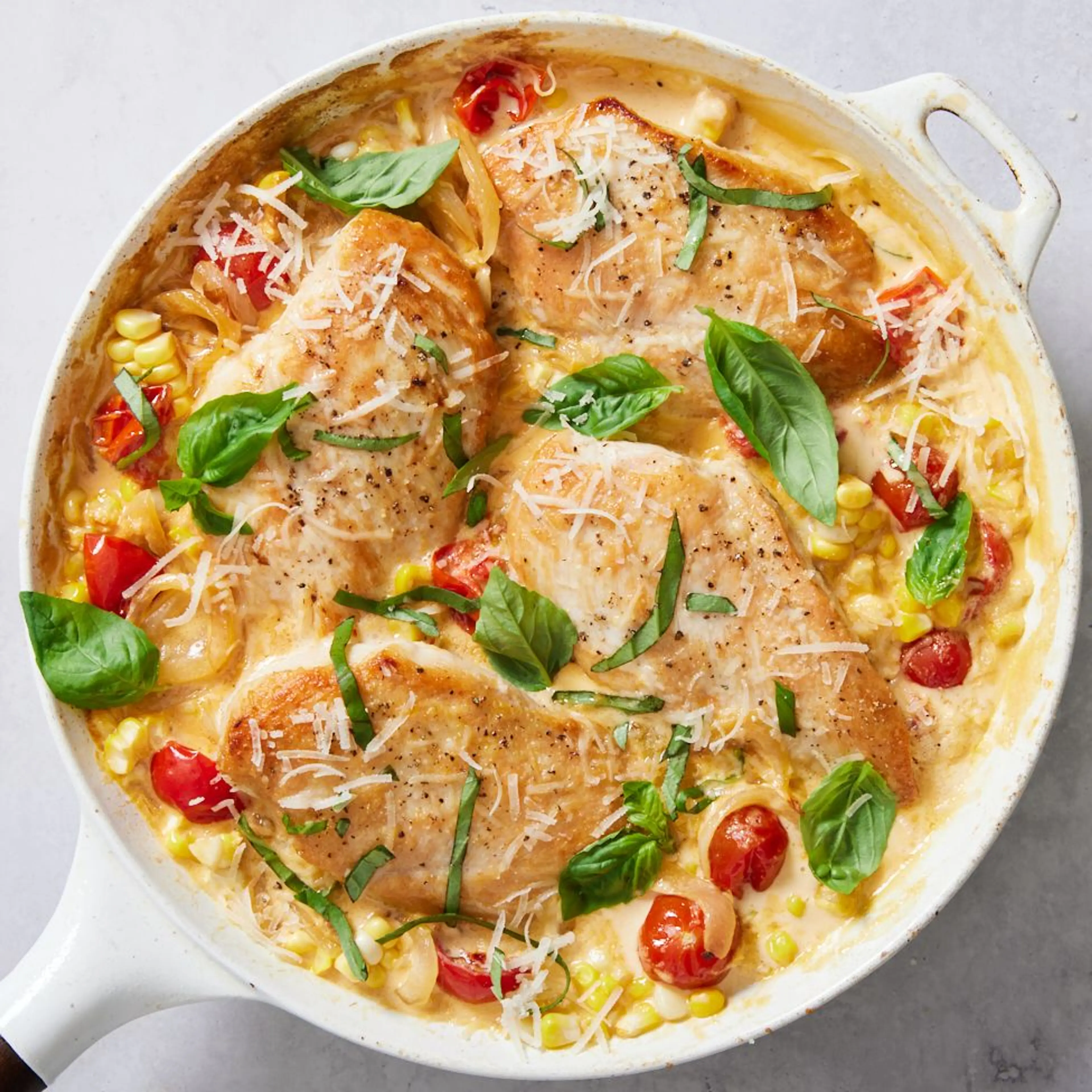 Creamy Basil Chicken Skillet with Corn and Tomato