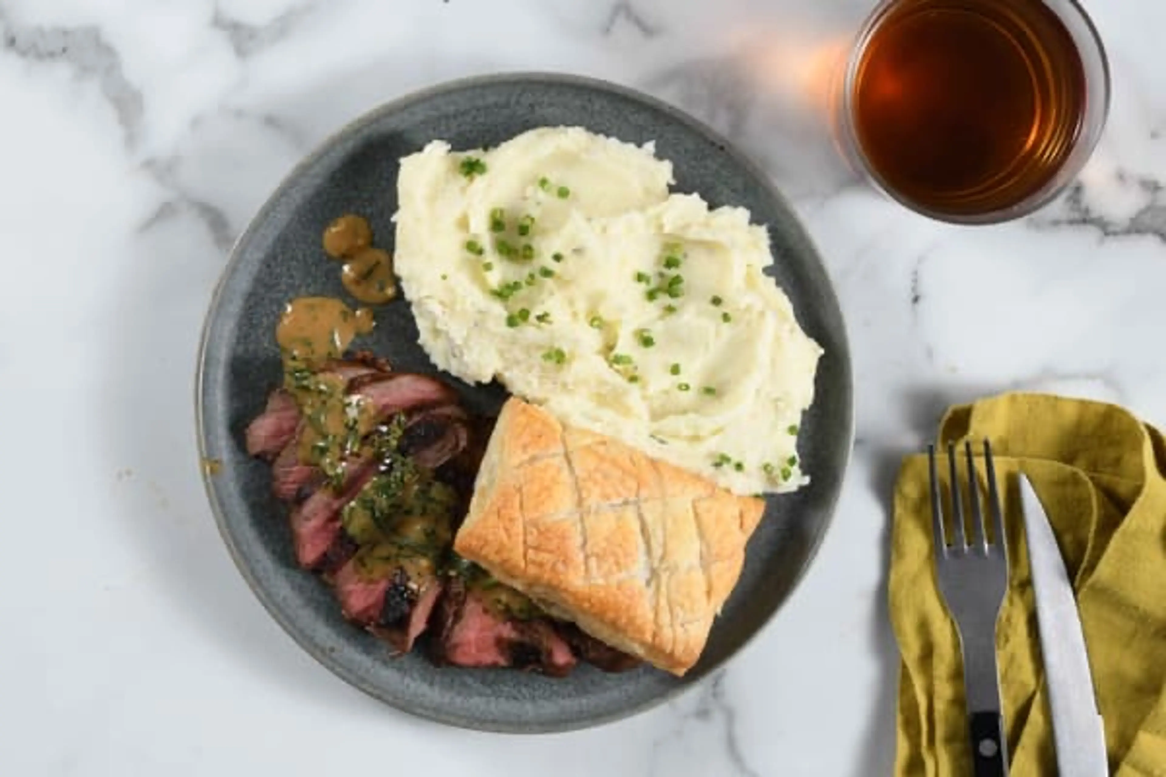 Sirloin Beef Wellington with mashed potatoes