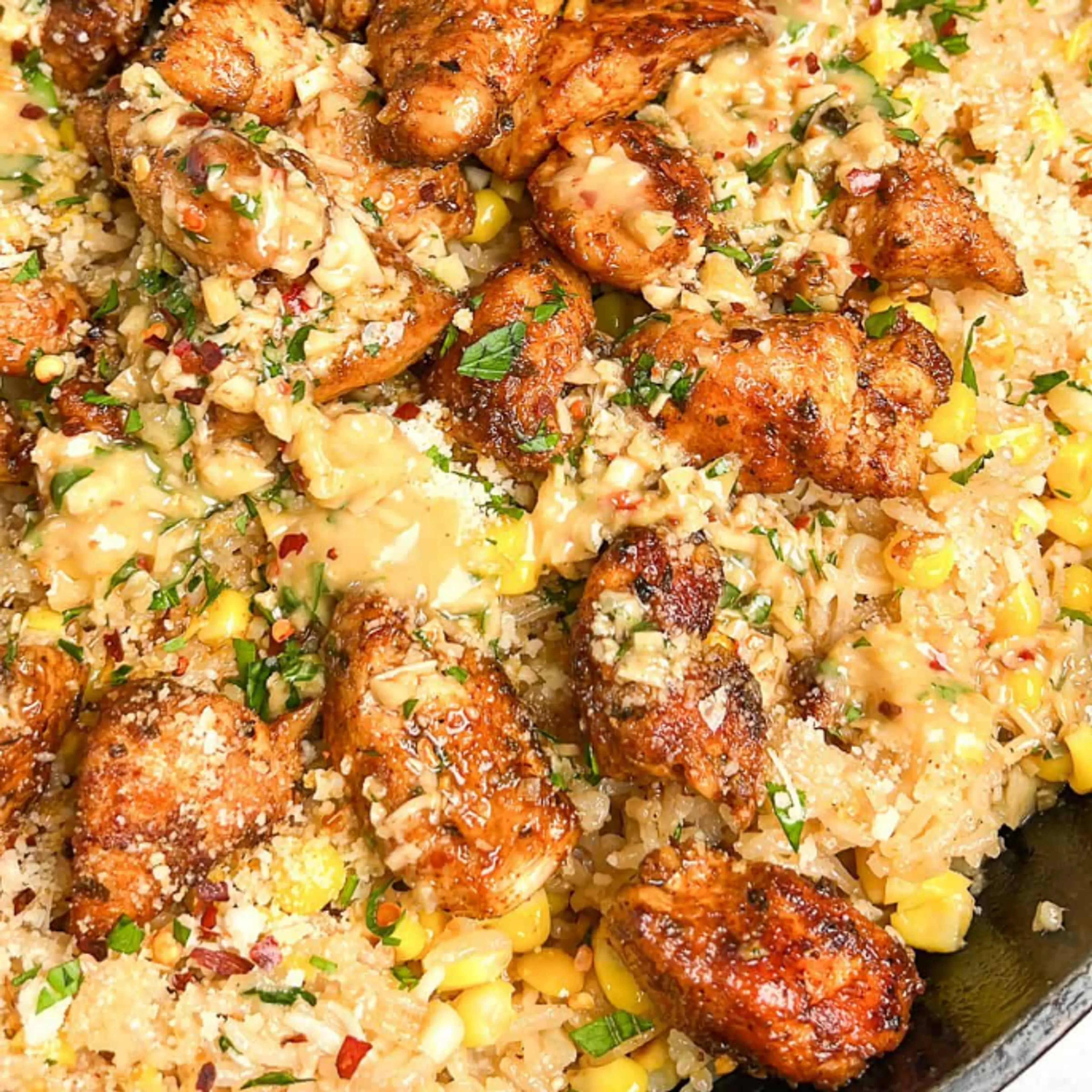 One-Pot Garlic Parmesan Chicken, Rice and Corn Skillet