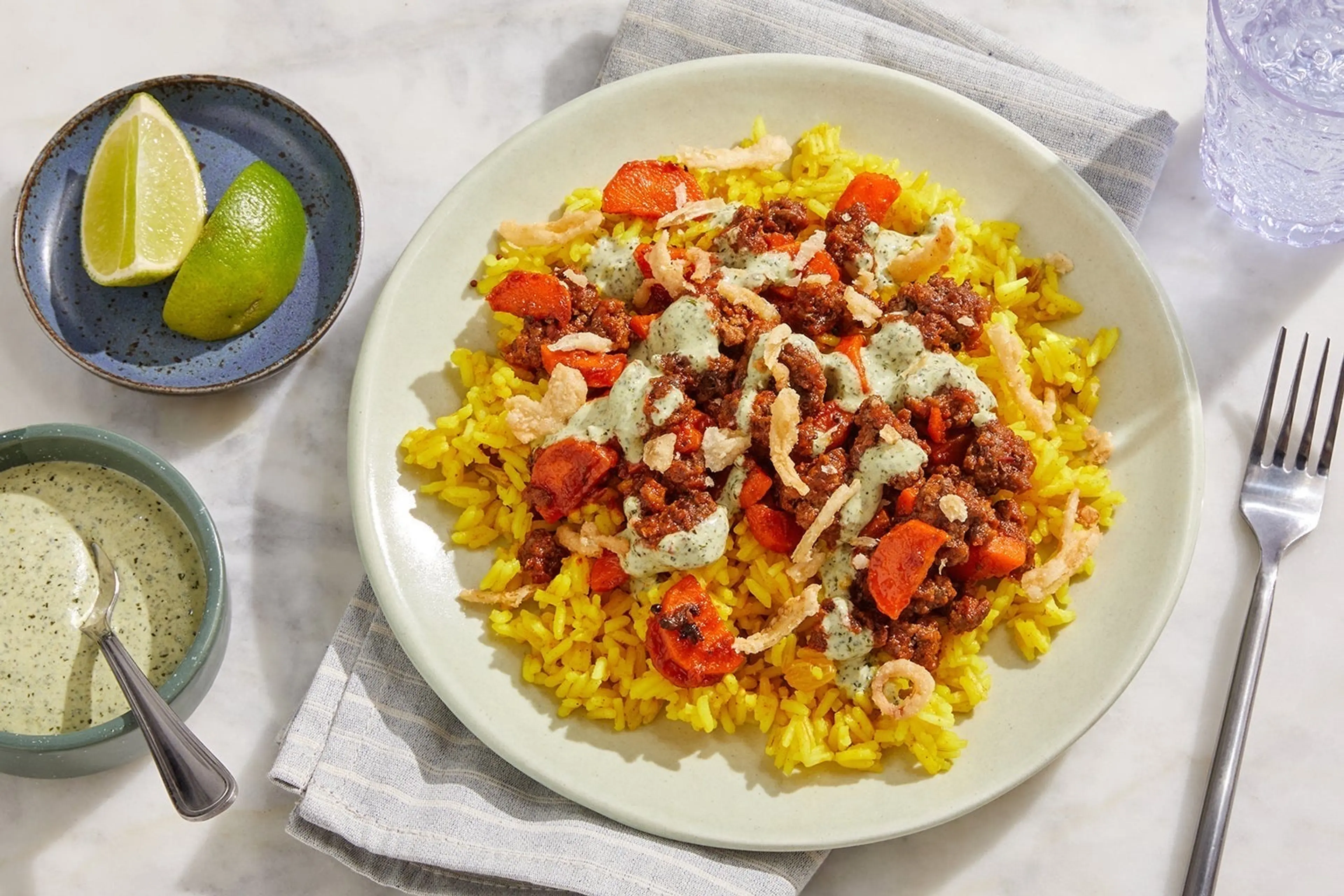 Beef over Curry-Spiced Rice with Creamy Cilantro Sauce