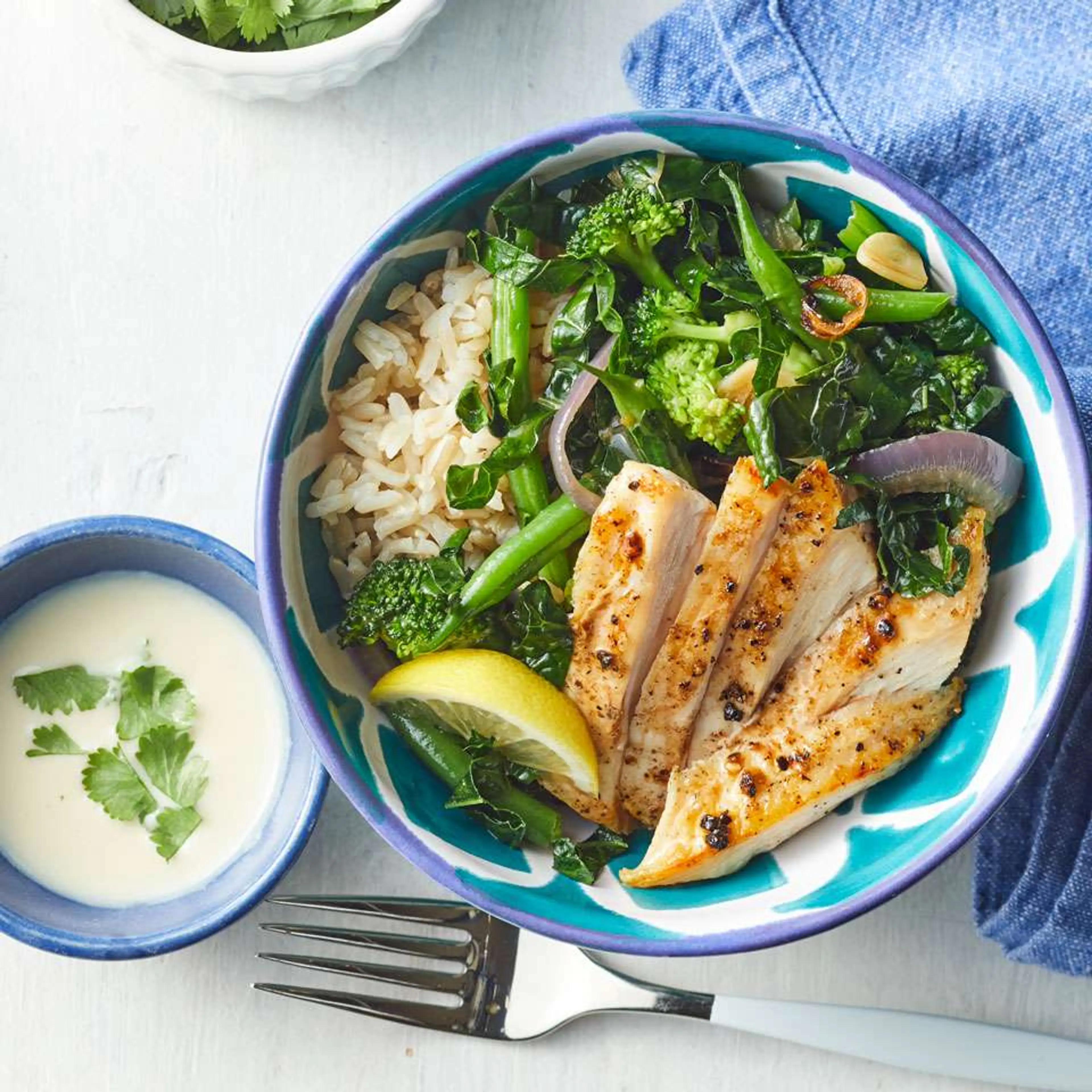 Green Veggie Bowl with Chicken & Lemon-Tahini Dressing