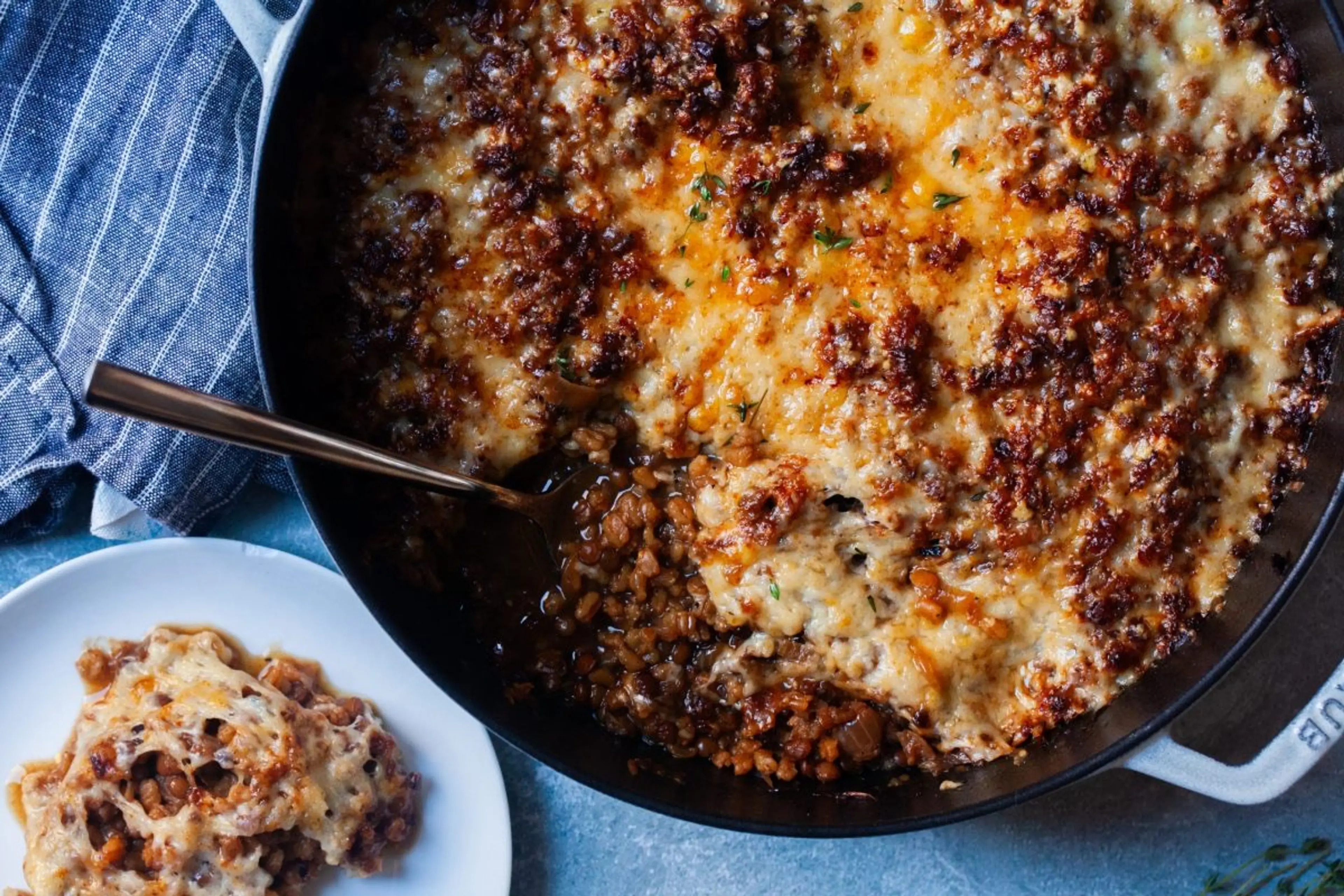 French Onion Baked Lentils and Farro