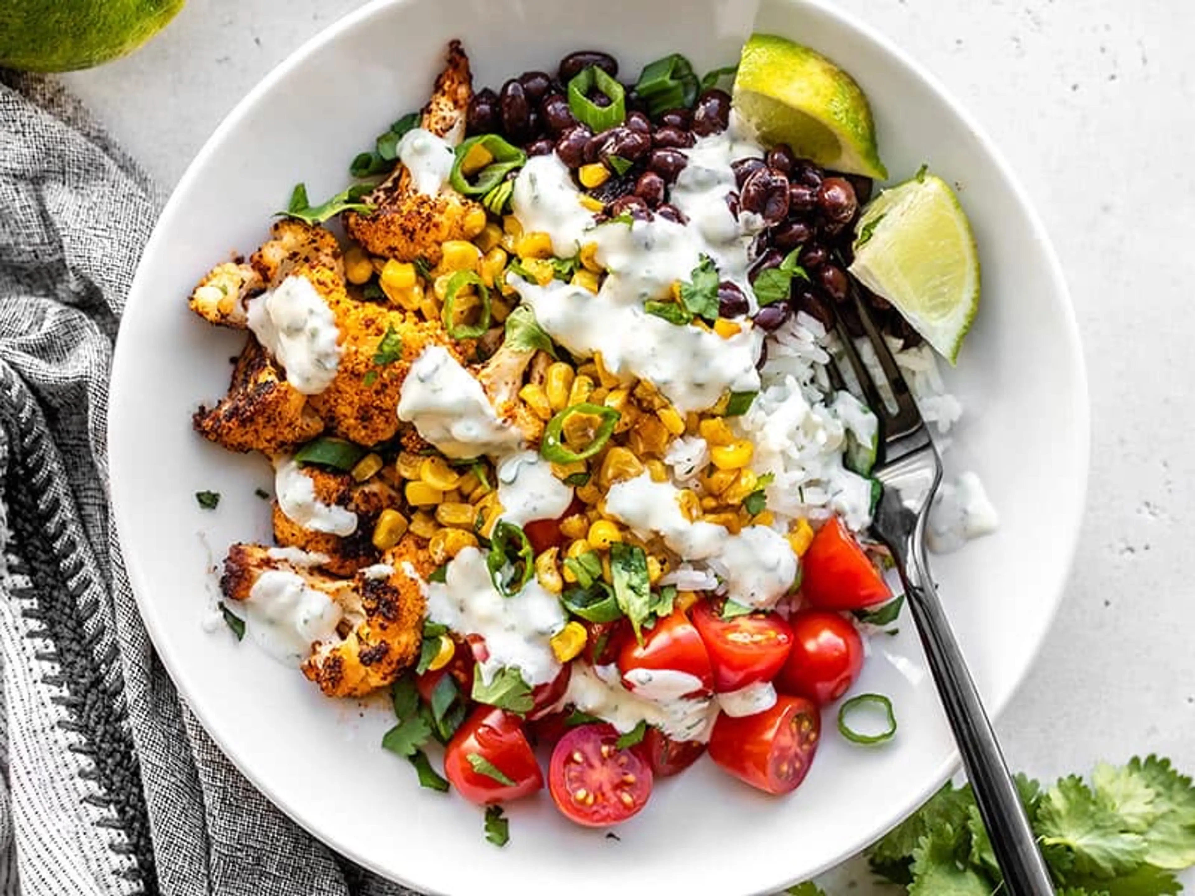 Roasted Cauliflower Taco Bowls with Cilantro Lime Ranch