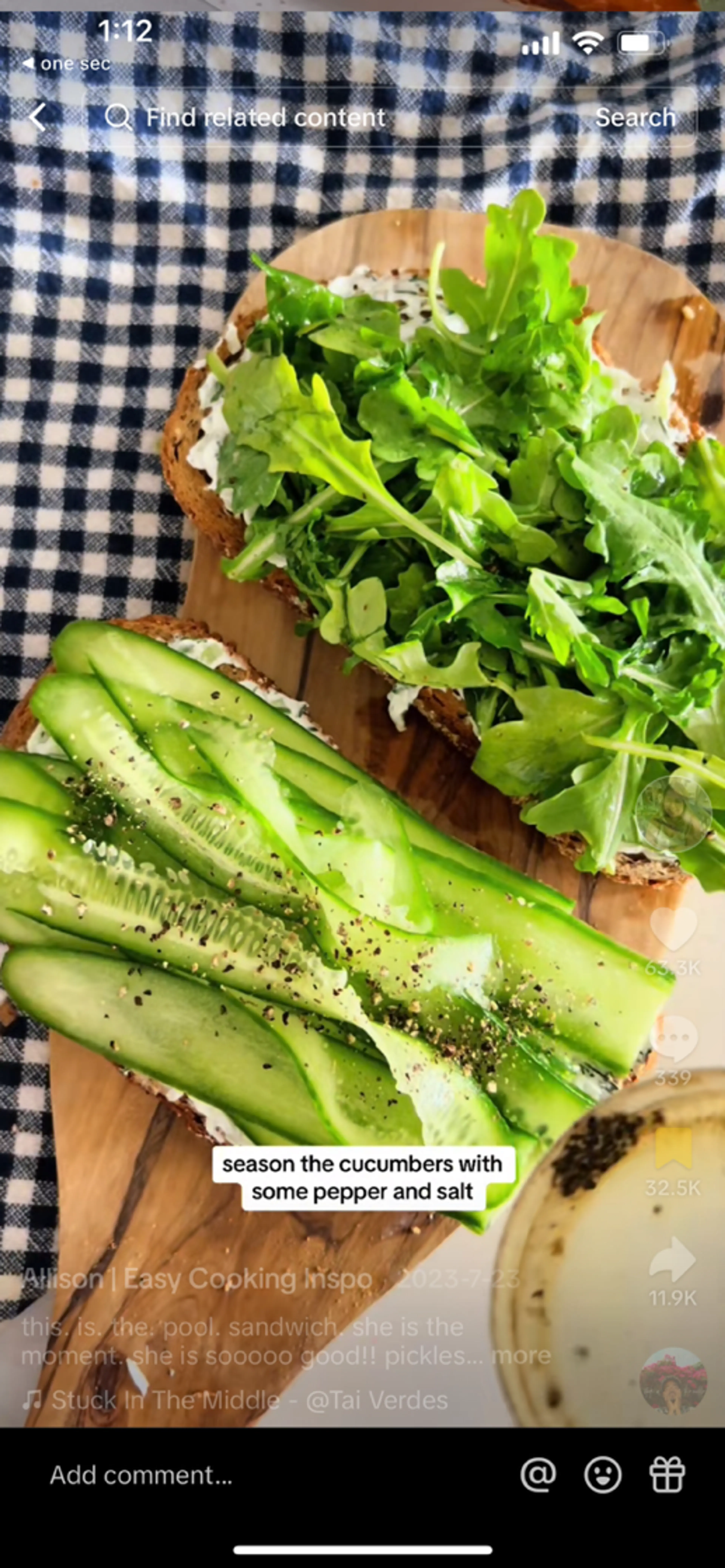 Pool Sandwich: Arugula, Cucumber, Cream Cheese