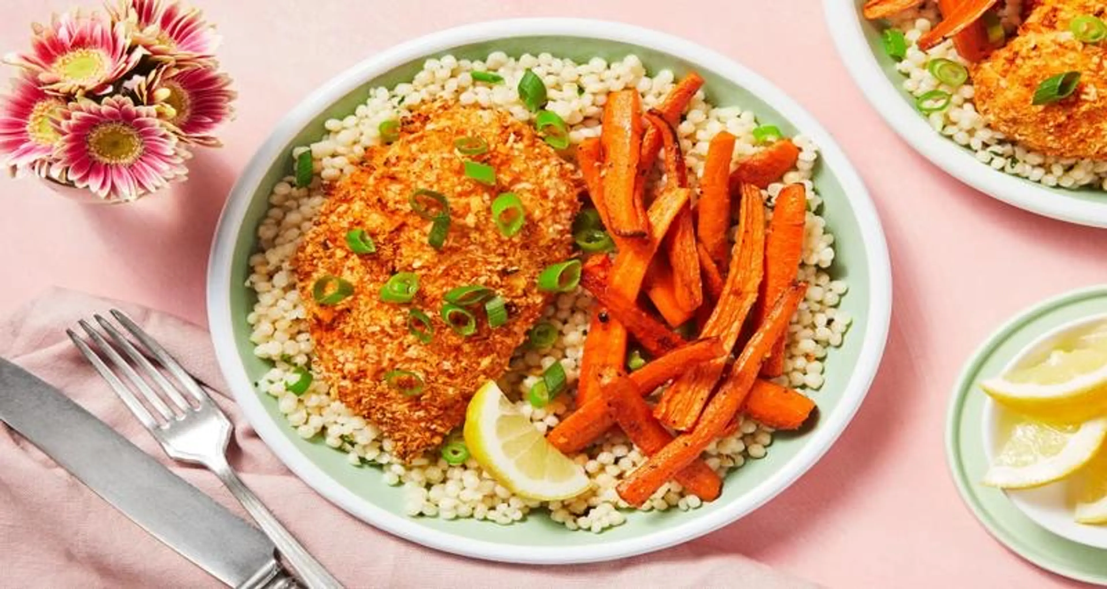 Parmesan Chicken w/Garlic Herb Couscous & Lemony Rice