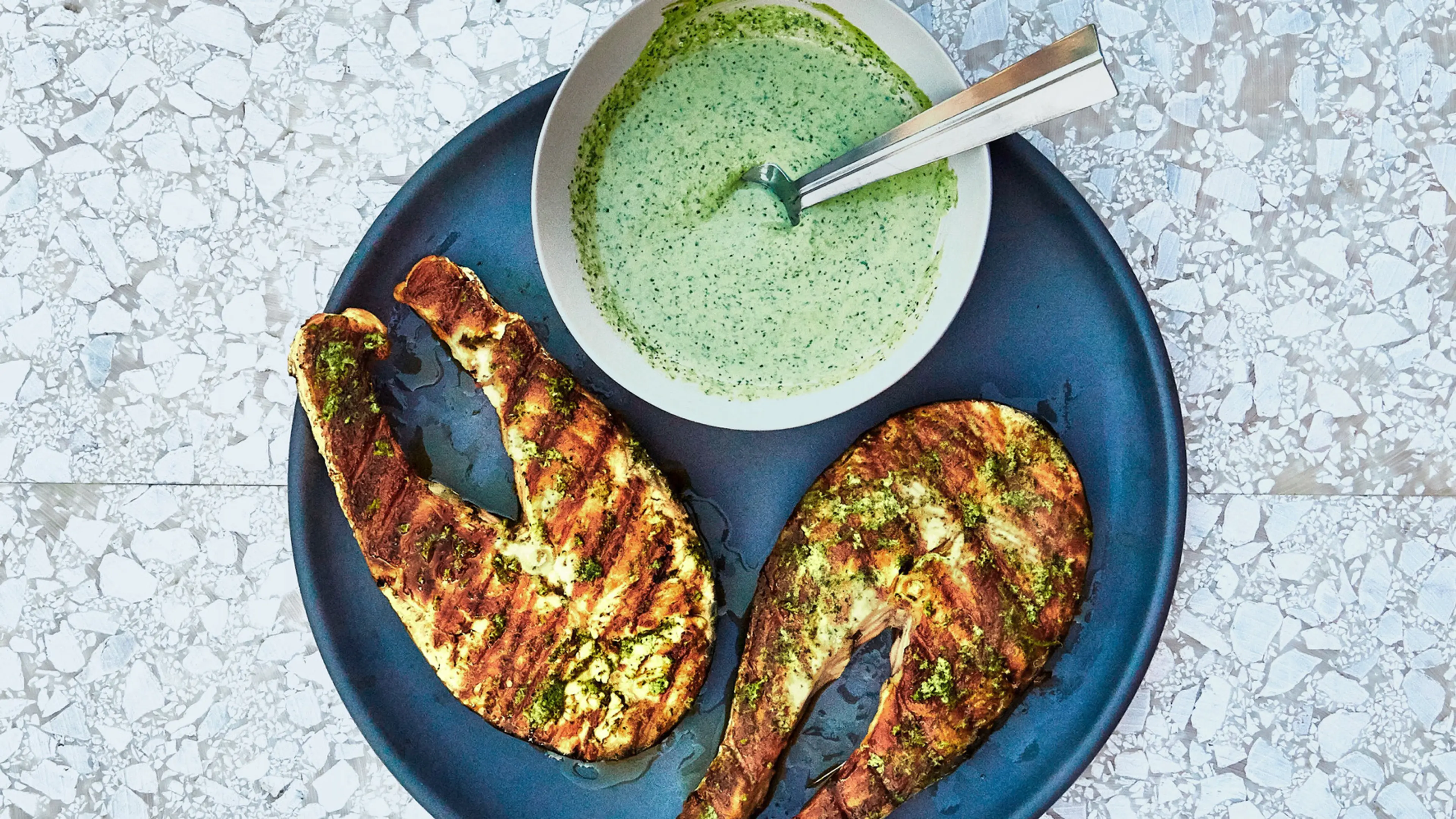 Grilled Salmon Steaks With Garlicky Yogurt Sauce