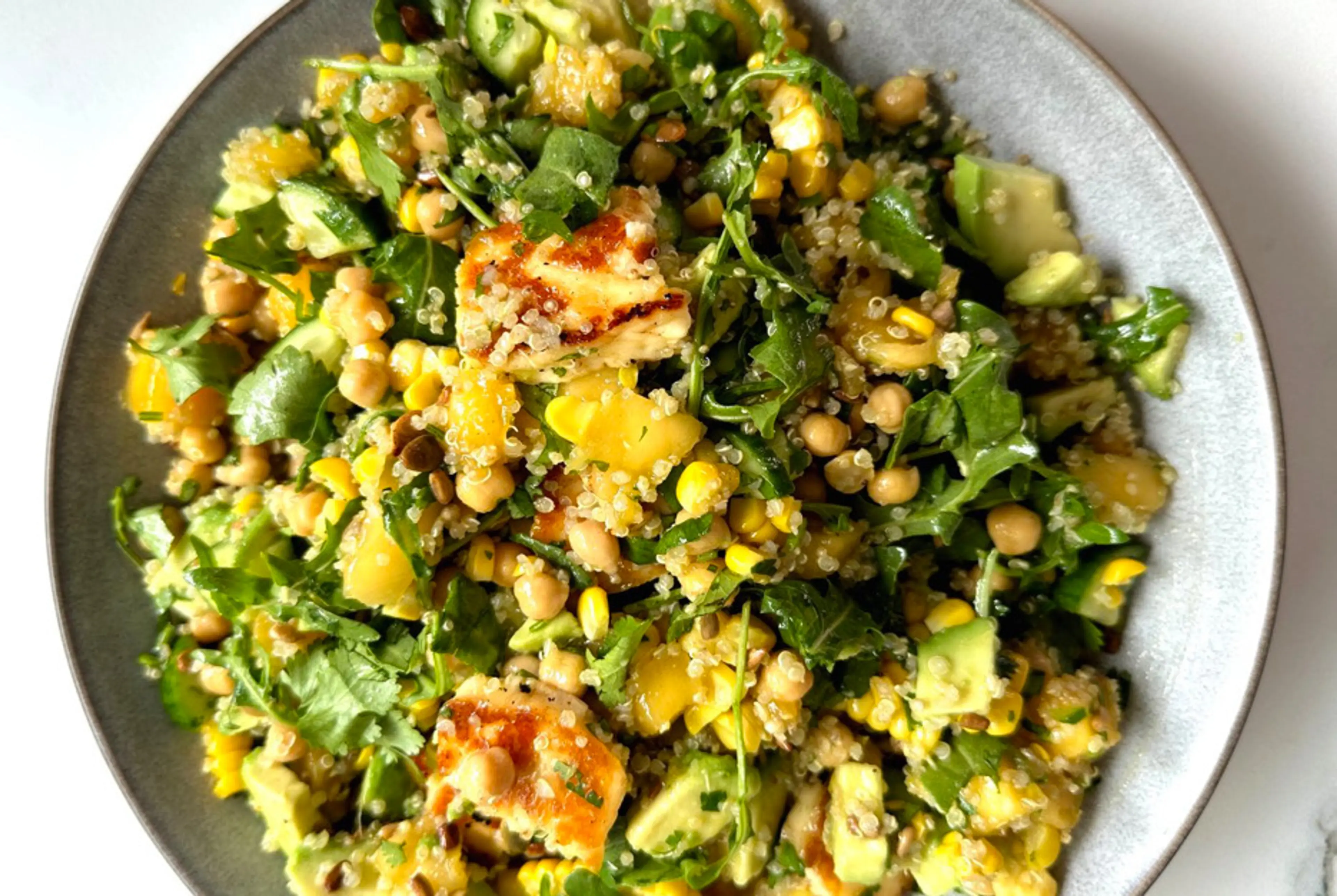 Chickpea Halloumi Corn Salad With Honey Cilantro Dressing