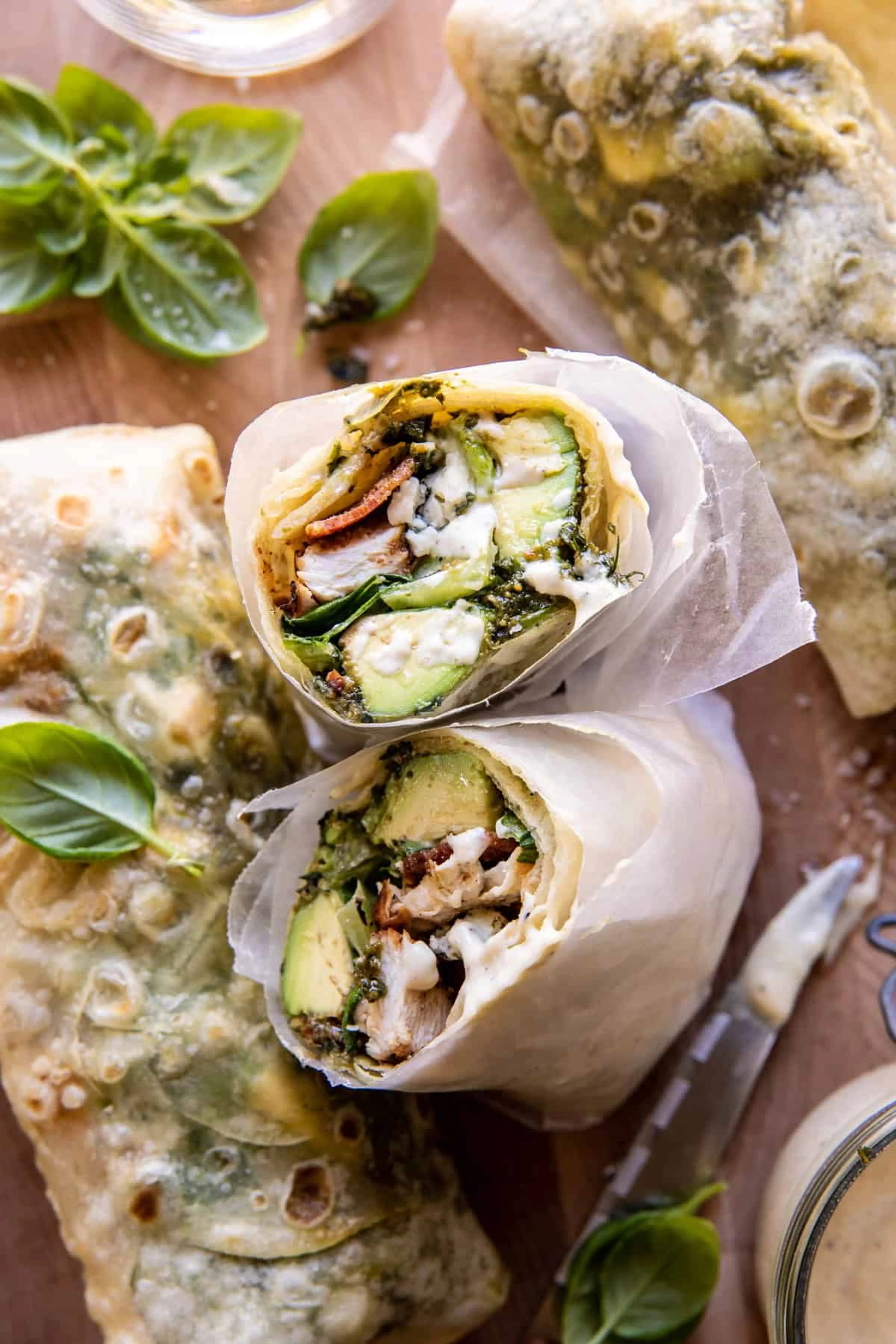 Pesto Chicken and Avocado Bacon Salad Wraps