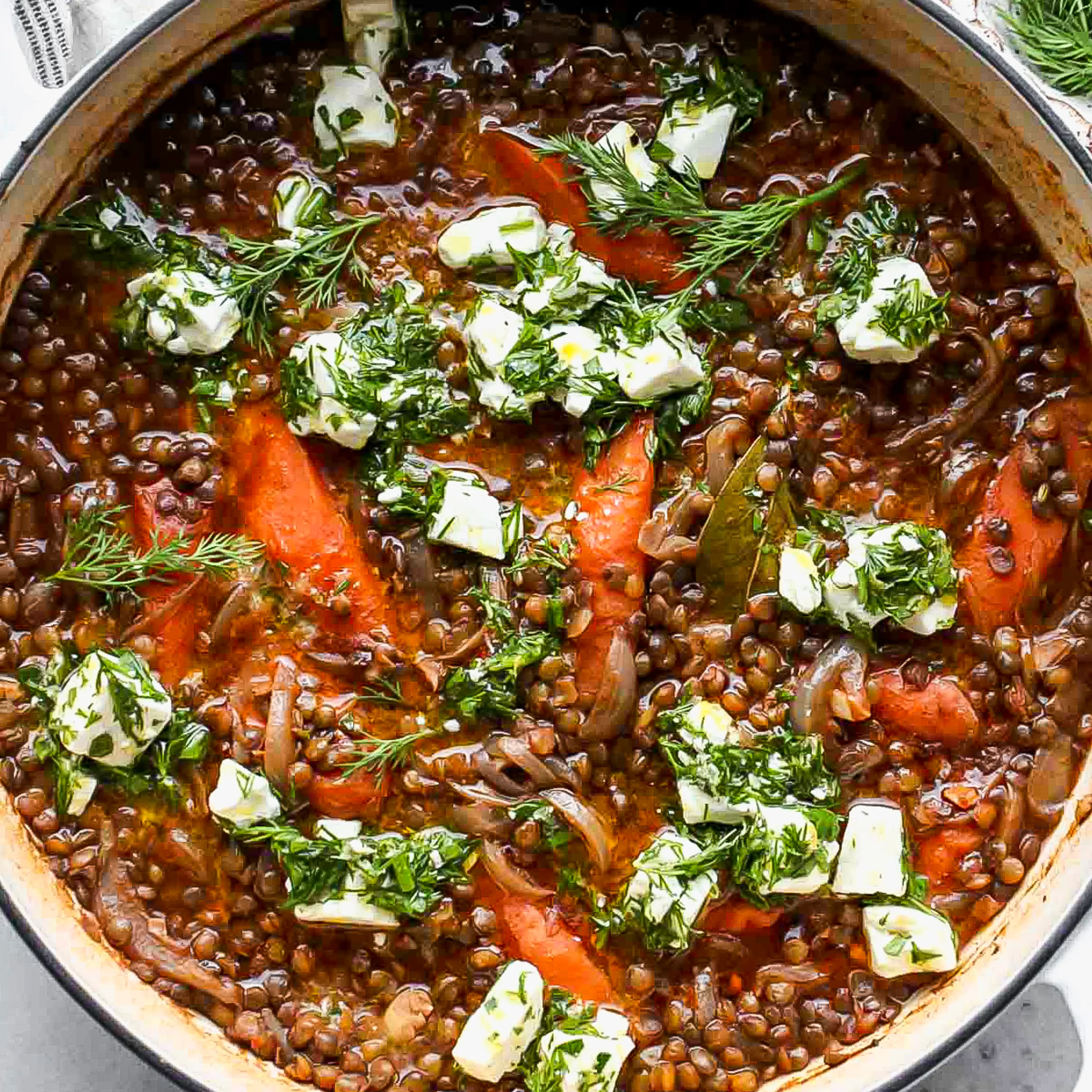 Stewed Lentils with Marinated Feta