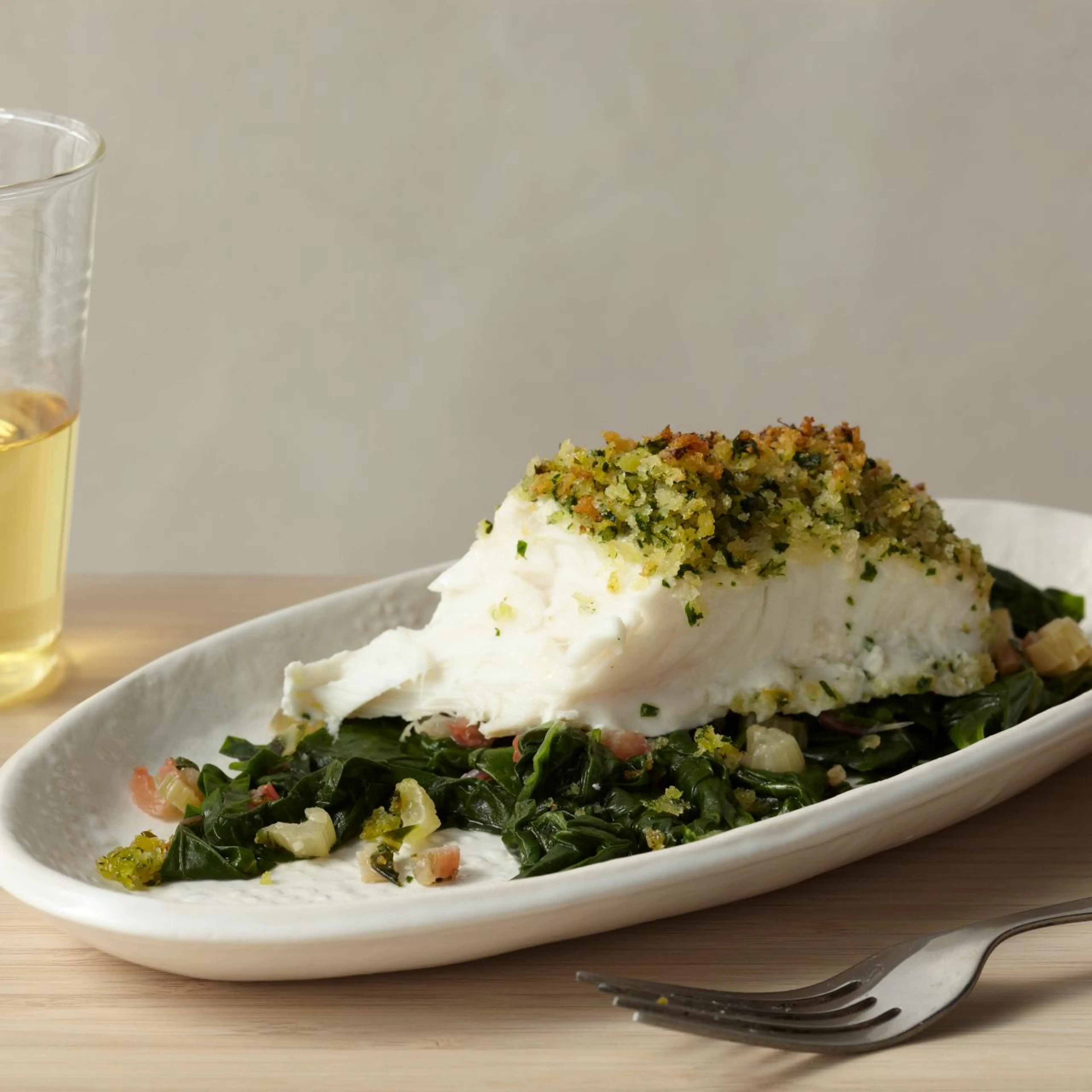 Panko-Crusted Halibut with Swiss Chard