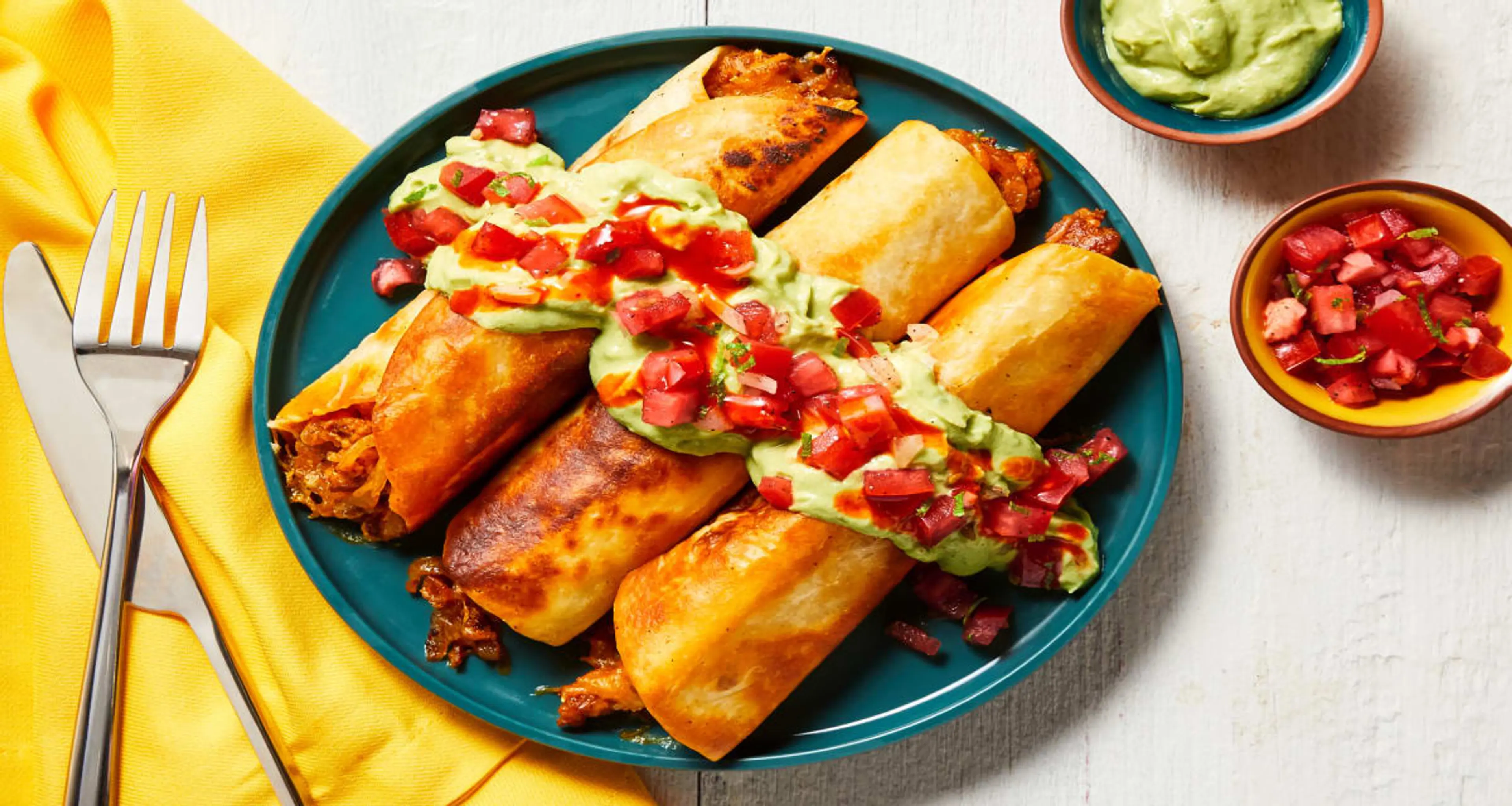 Fully Loaded Pork Taquitos with Pico de Gallo, Creamy Guacam