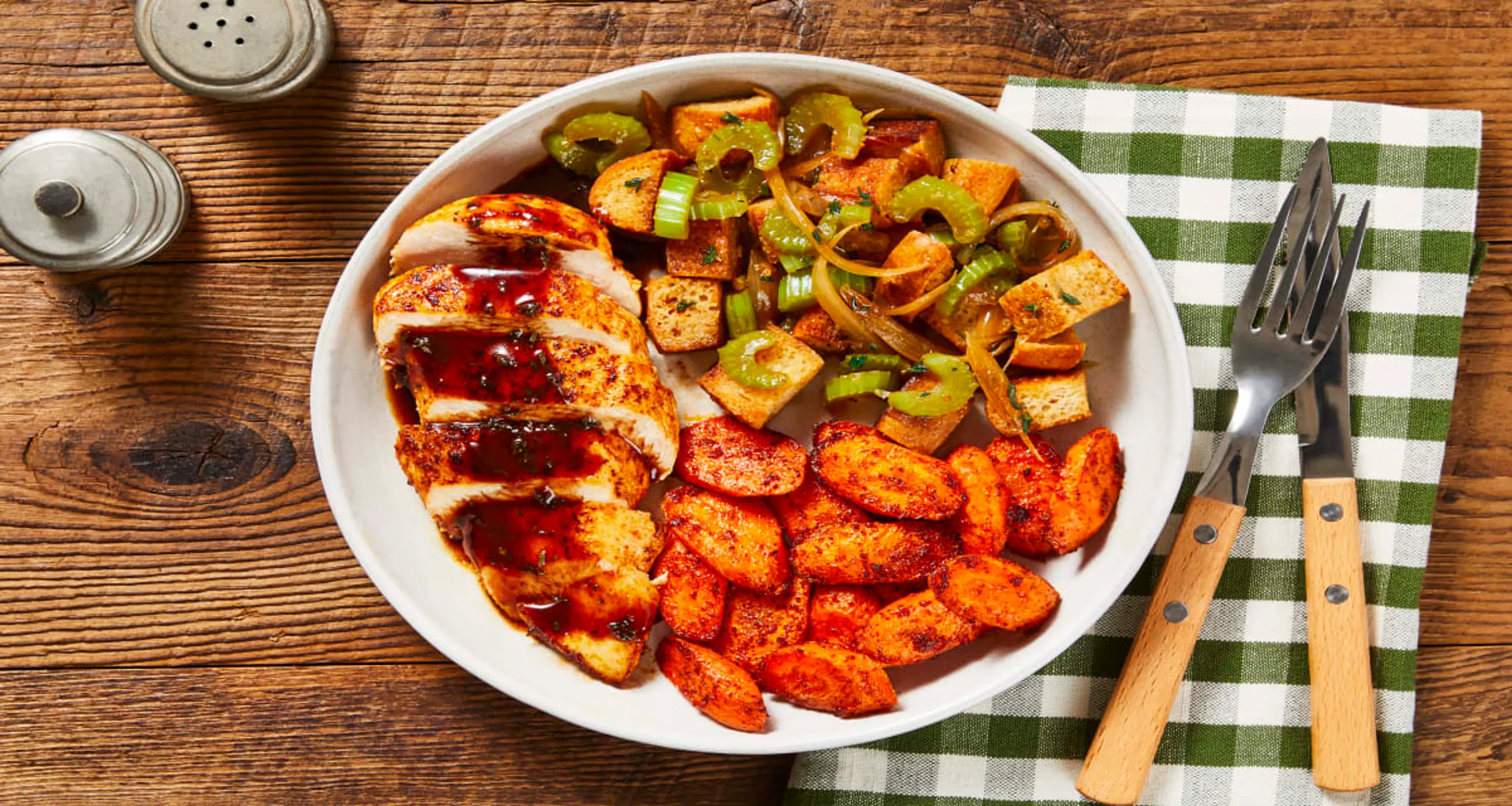 Cranberry Chicken & Herby Pan Stuffing with Roasted Carrots