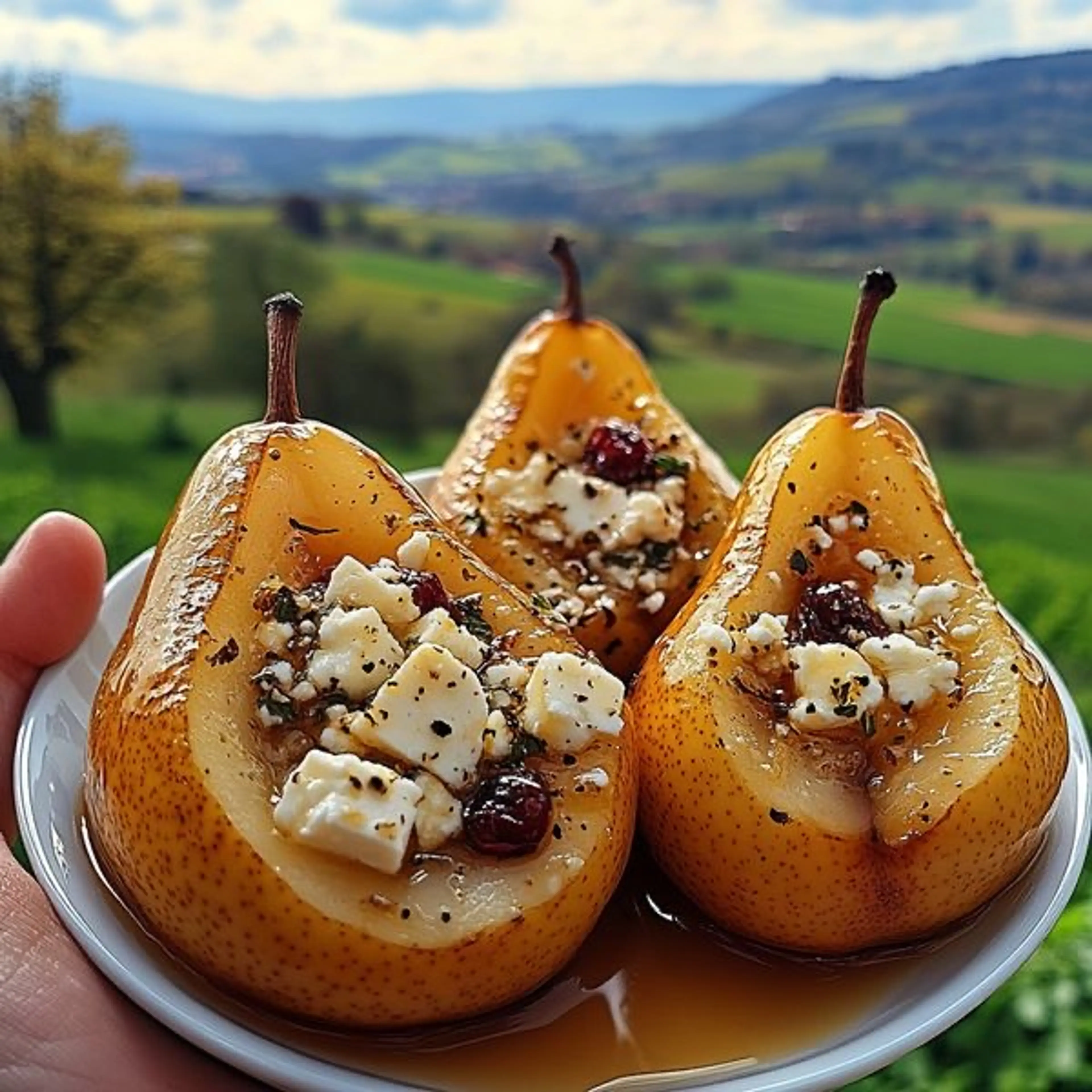 Baked Pears with Feta, Honey, and Cranberries