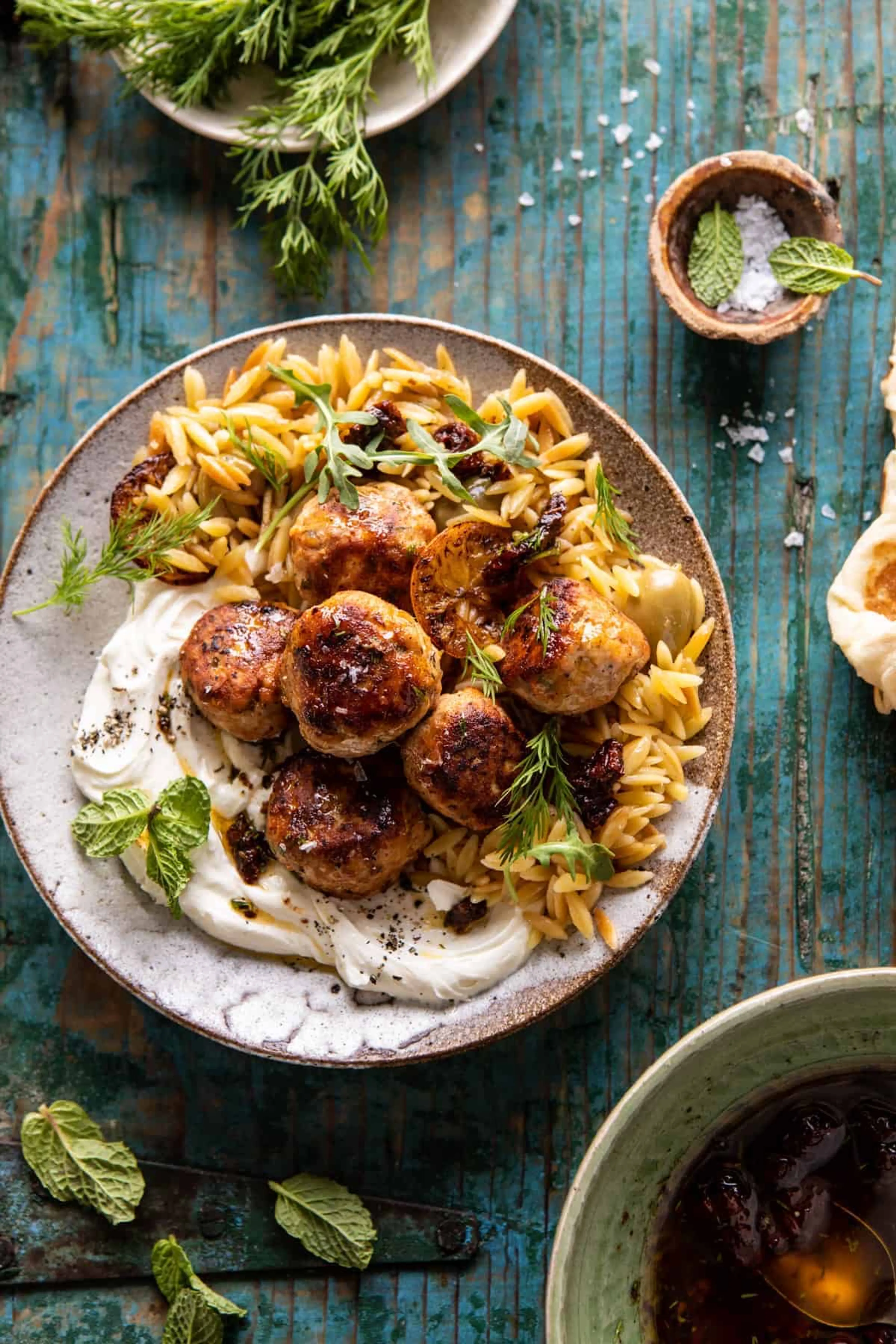 One Skillet Greek Meatballs and Lemon Butter Orzo with Whipp