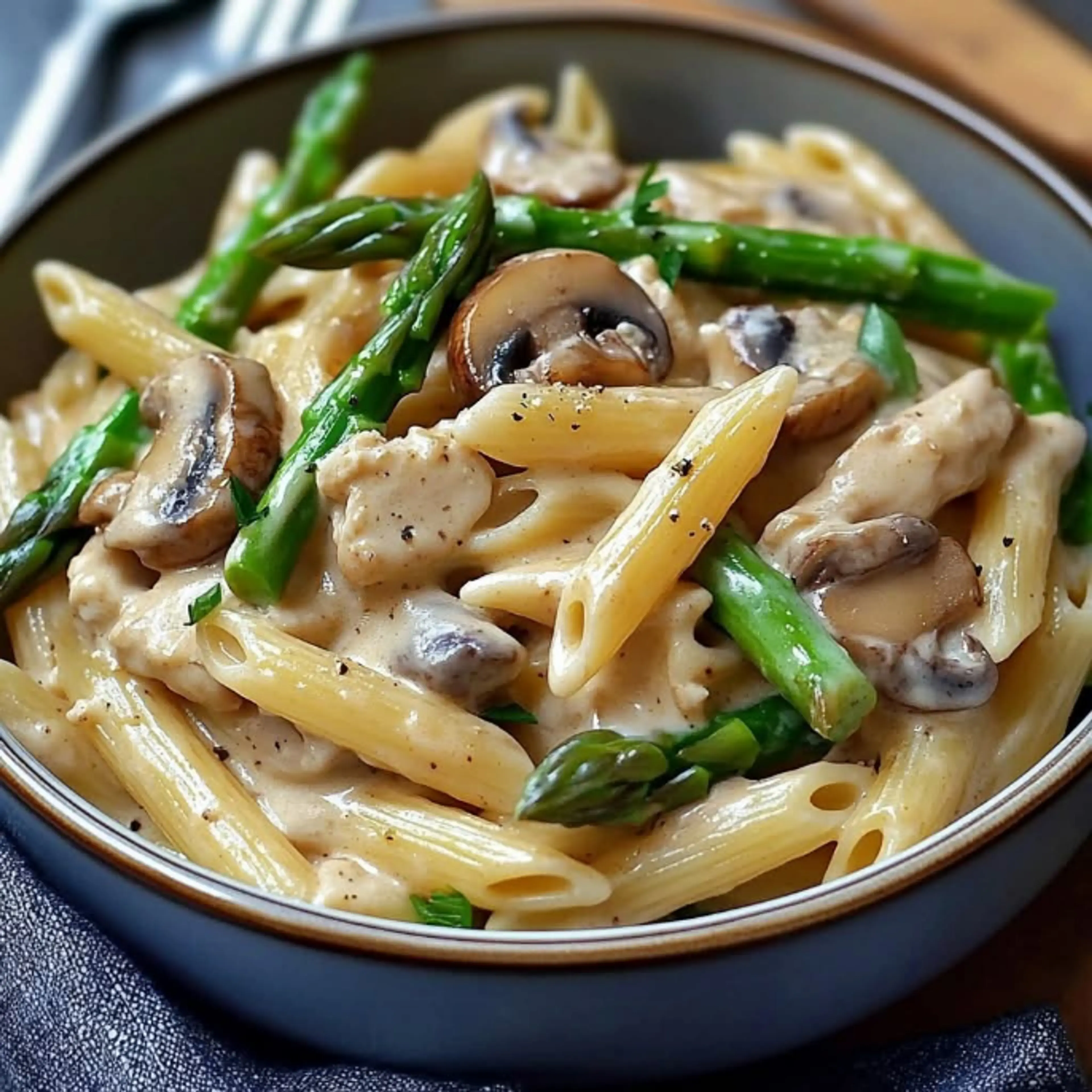 Creamy Mushroom & Asparagus Chicken Penne