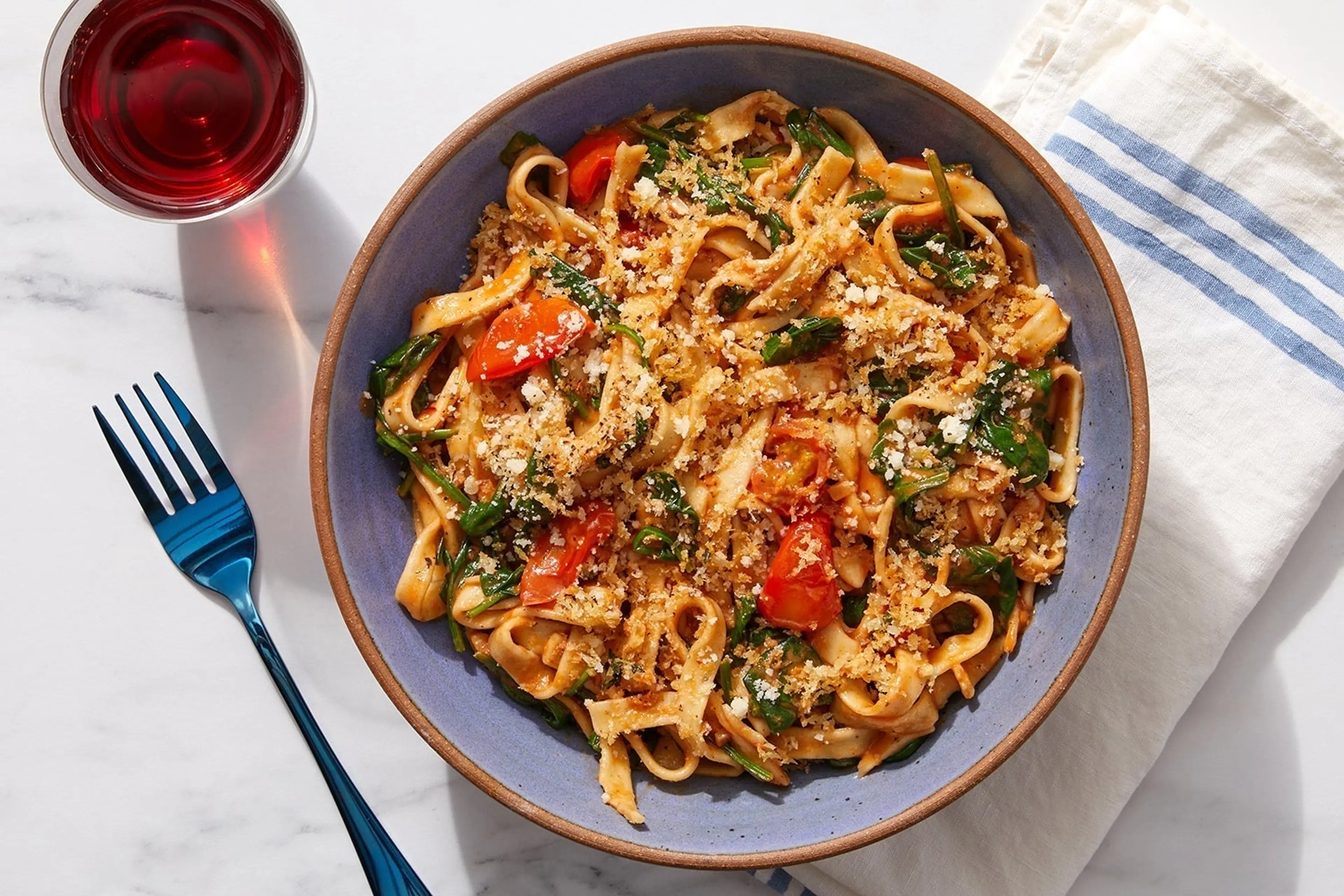 Tomato Basil Fettuccine with Spinach & Thyme Breadcrumbs