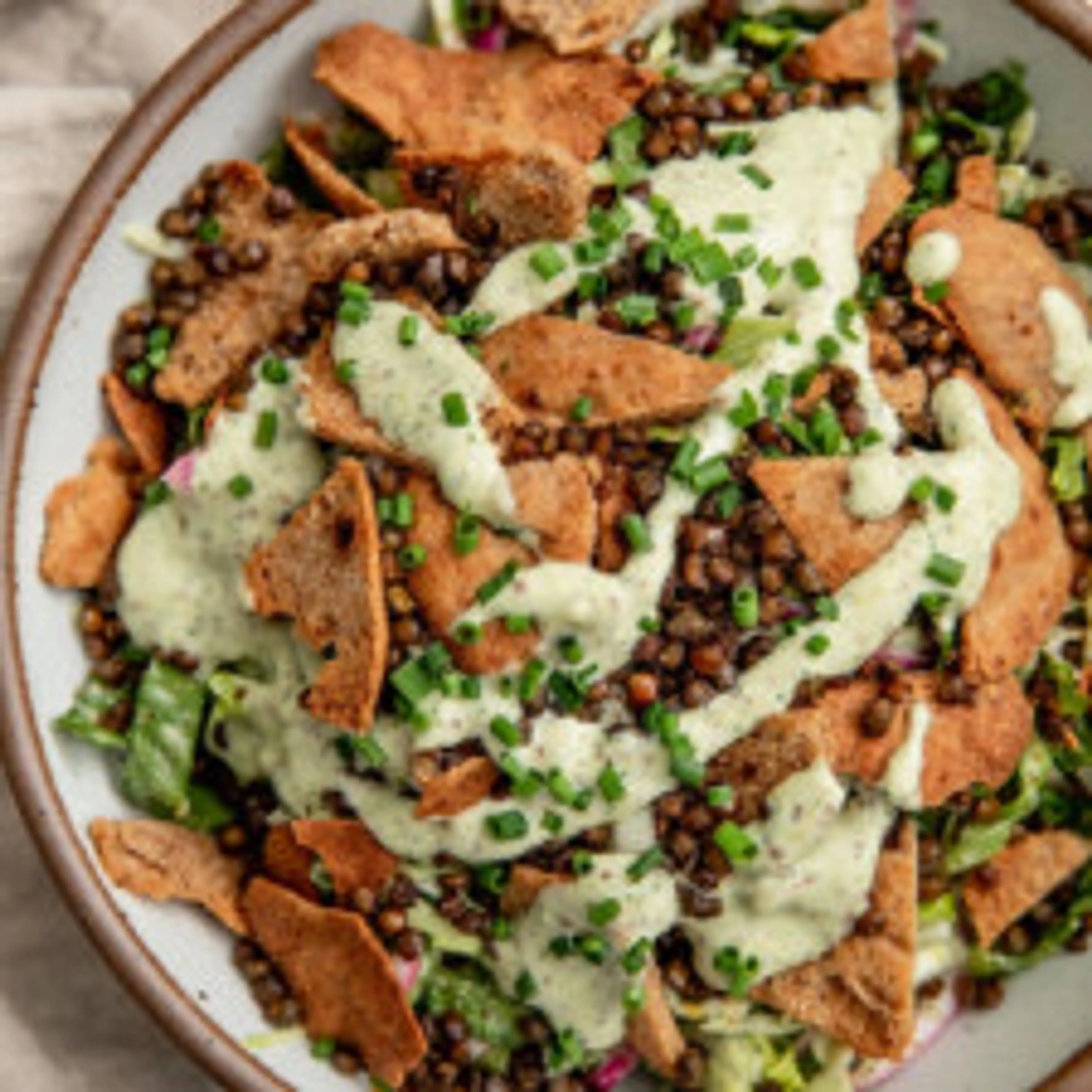 Crispy Lentil Salad with Cilantro Chive Dressing