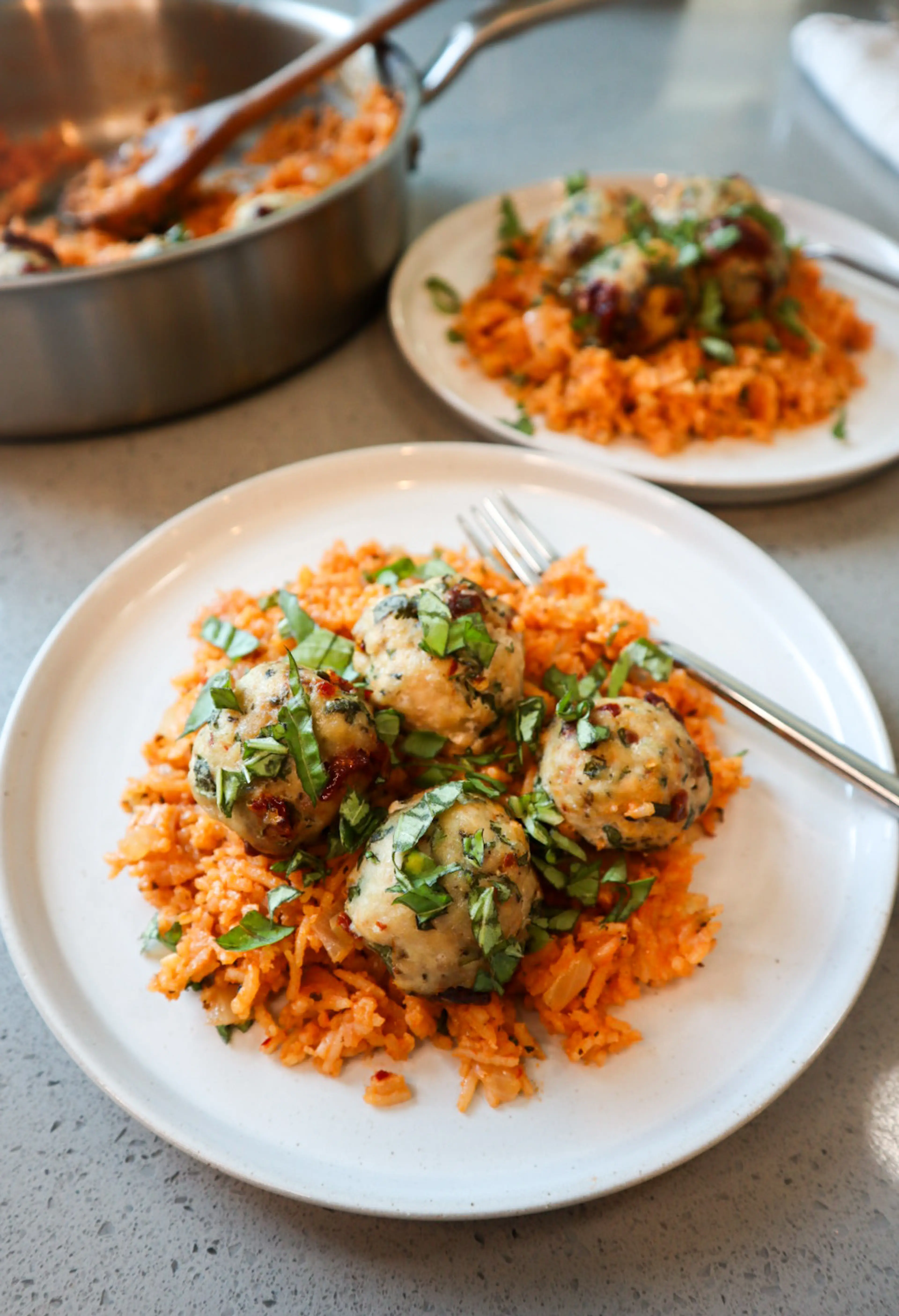 TOMATO BASIL CHICKEN MEATBALLS WITH CREAMY TOMATO RICE