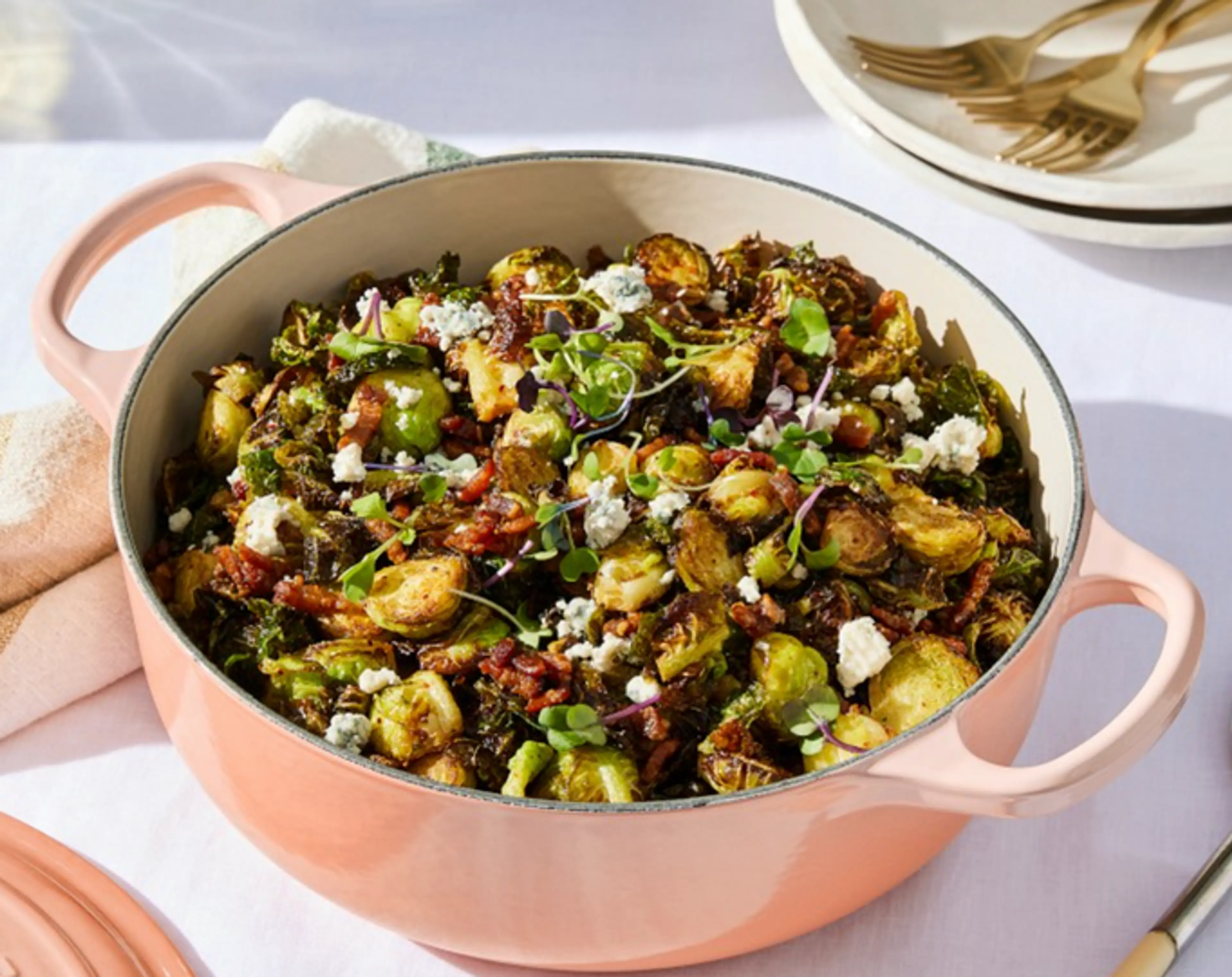 Roasted Brussels with Bacon and Feta