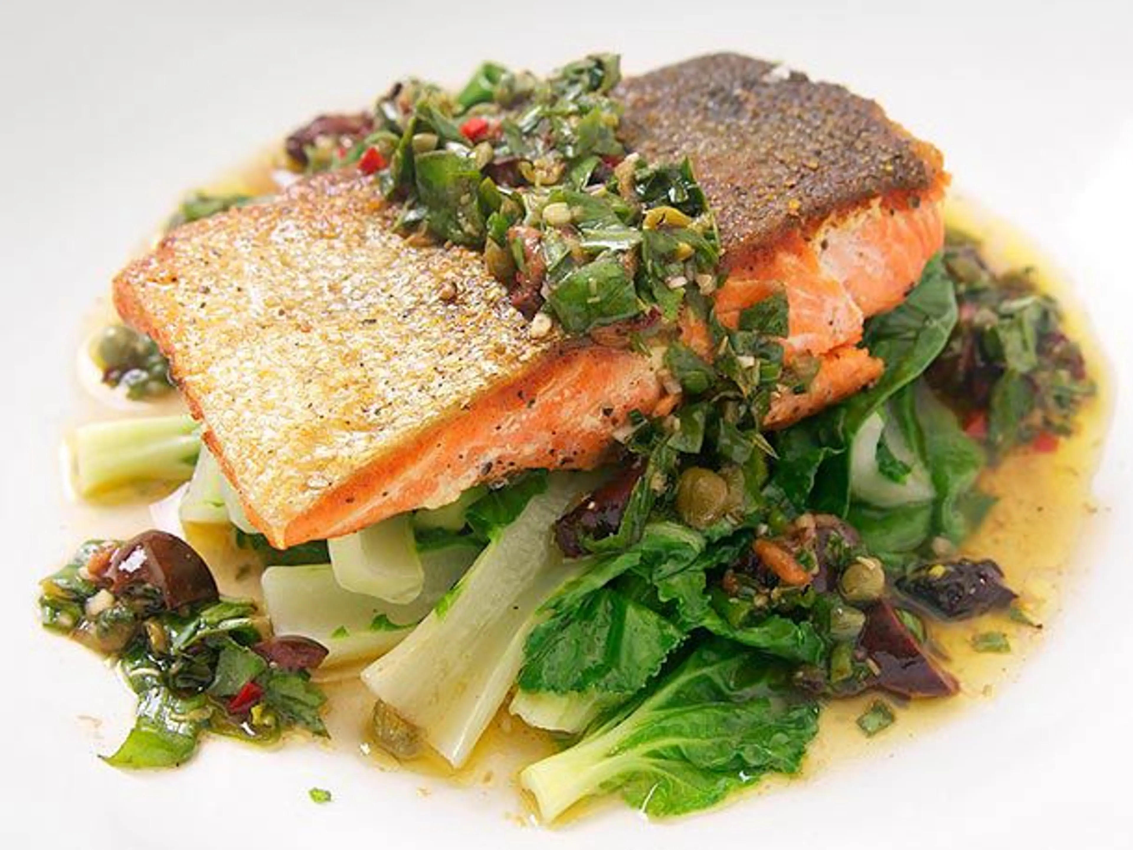 Crispy Salmon with Steamed Bok Choy and Basil-Caper Relish R