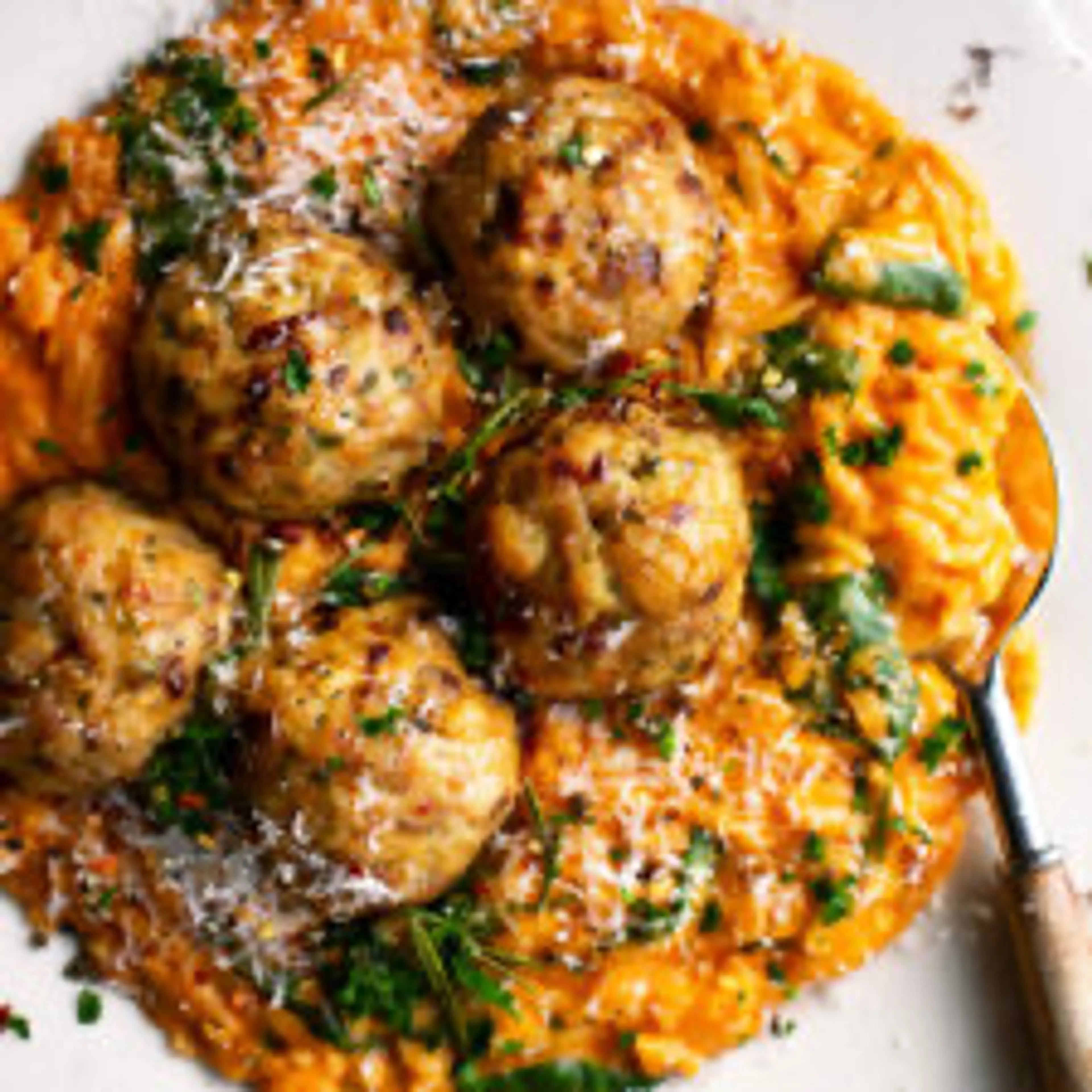 Baked Rosemary Chicken Meatballs with Tomato Orzo
