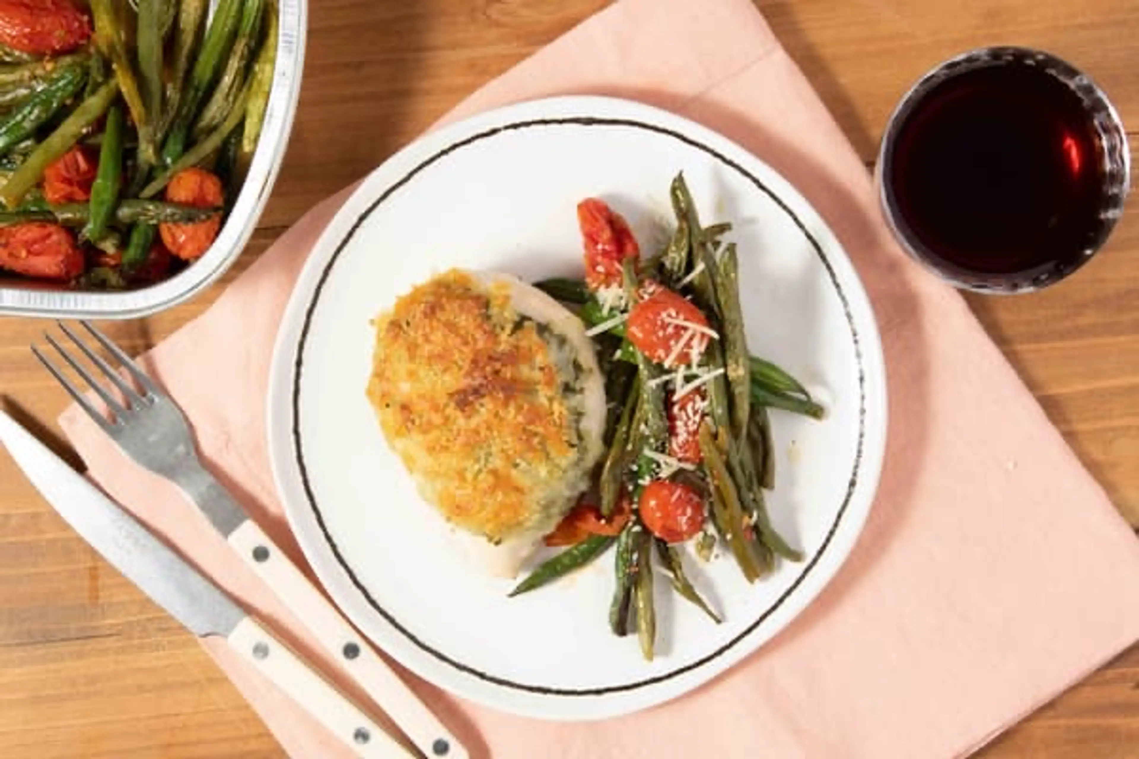 Crunchy Pesto Mozzarella Chicken with roasted tomatoes and g