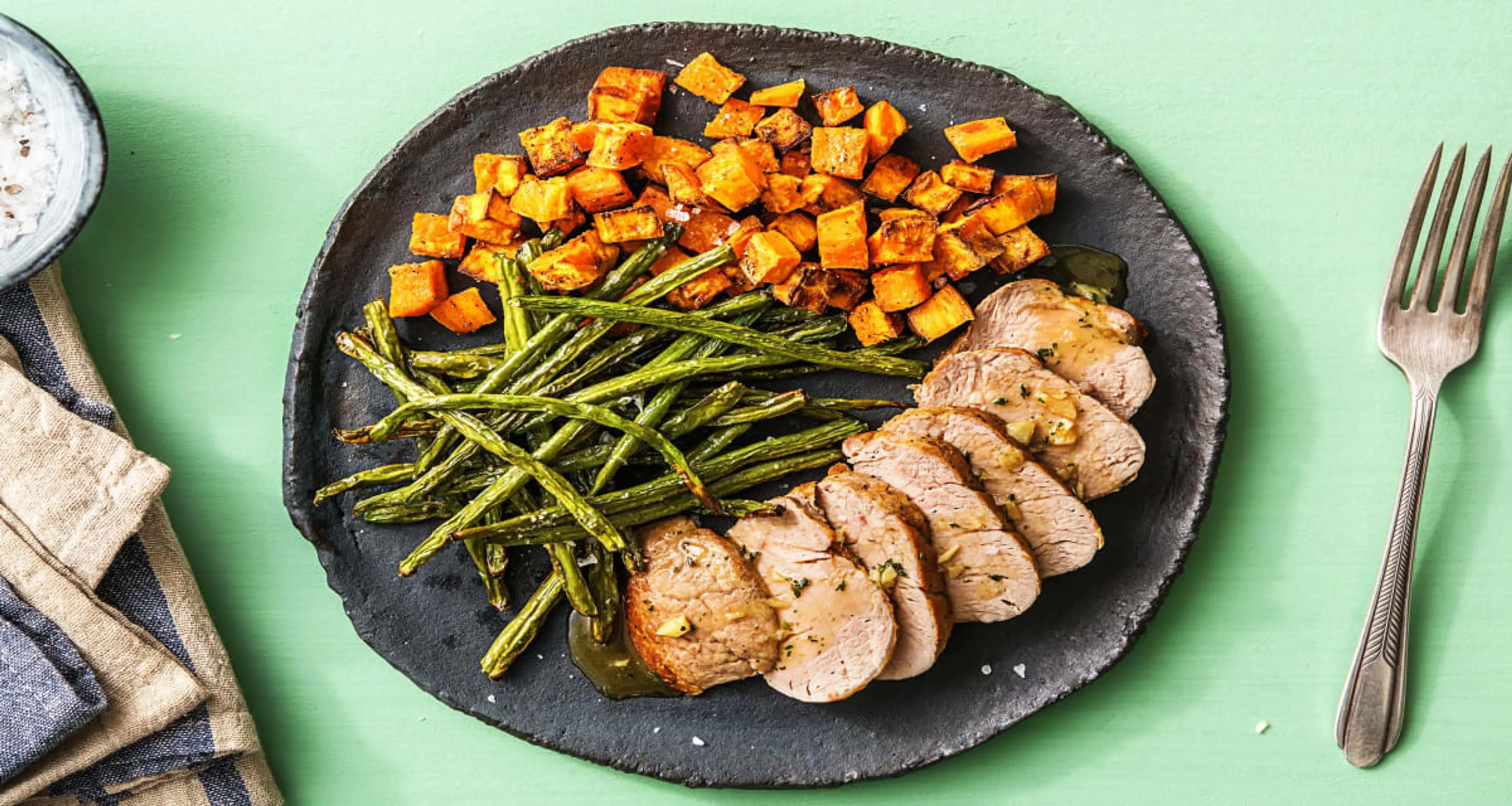 Honey-Glazed Pork Tenderloin with Sweet Potatoes and Green B