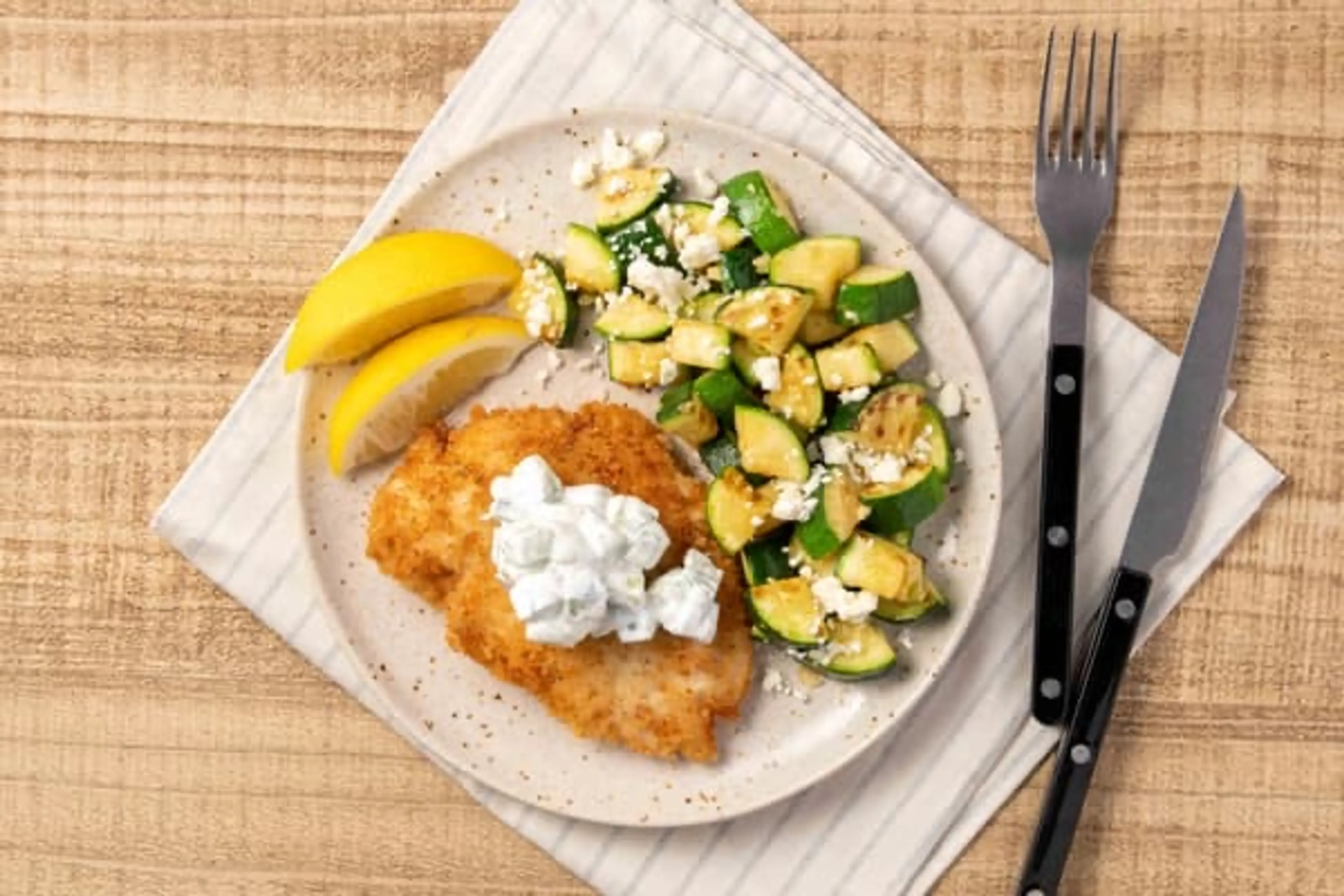 Buttermilk Chicken Schnitzel with cucumber-dill sauce and ga