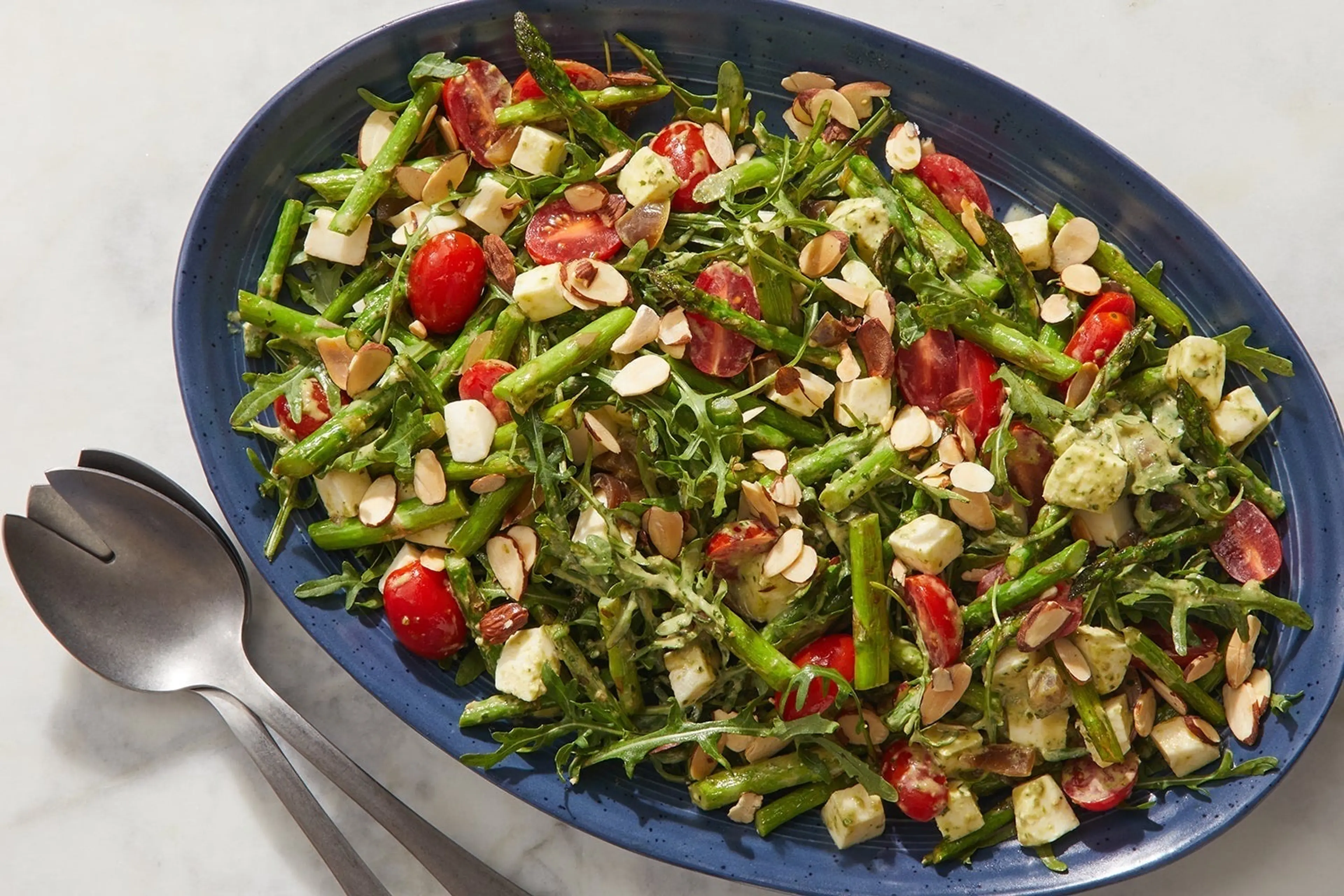 Creamy Pesto & Arugula Salad with Asparagus, Tomatoes & Mozz