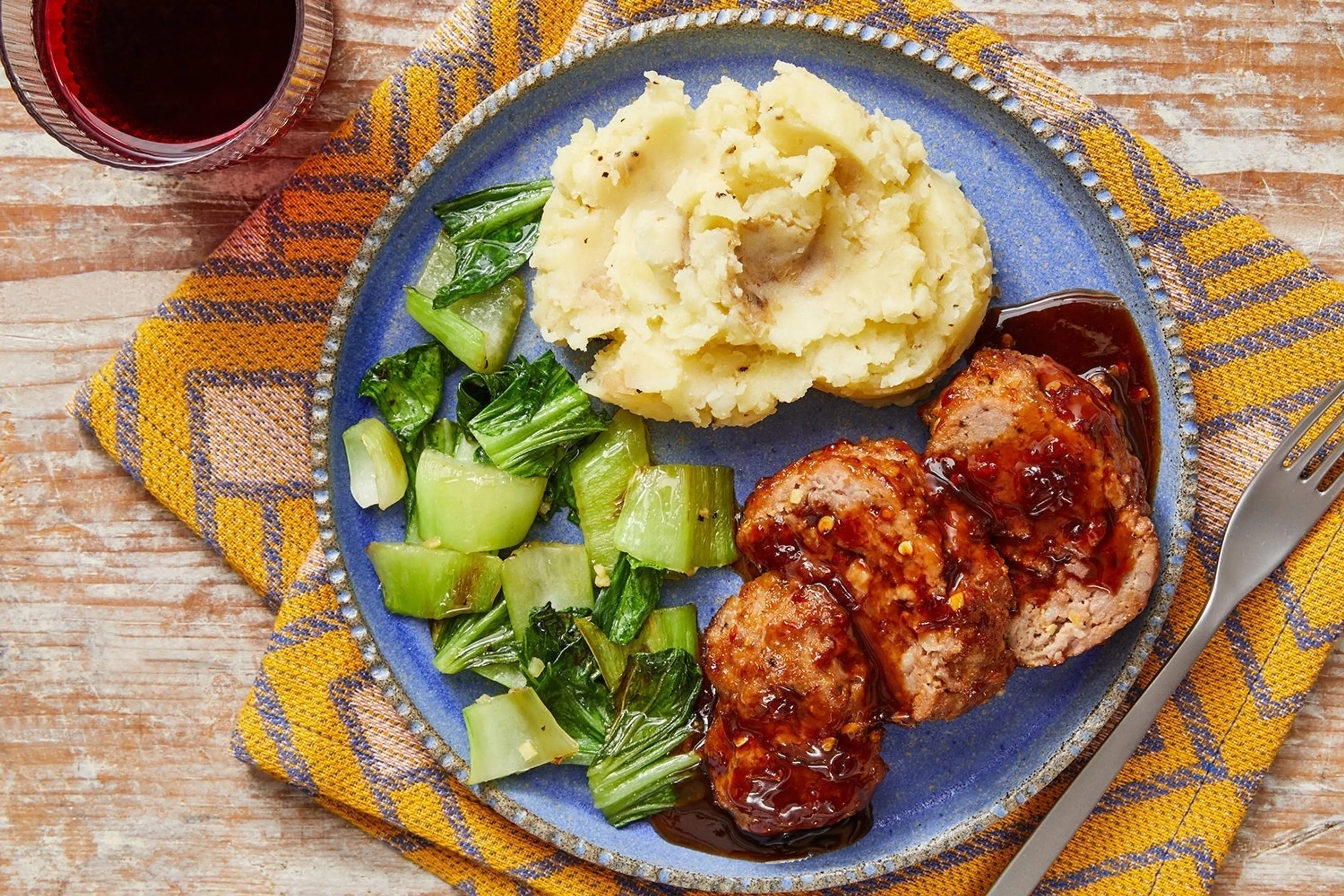 Hoisin-Glazed Pork Meatloaf with Sesame Mashed Potatoes & Bo