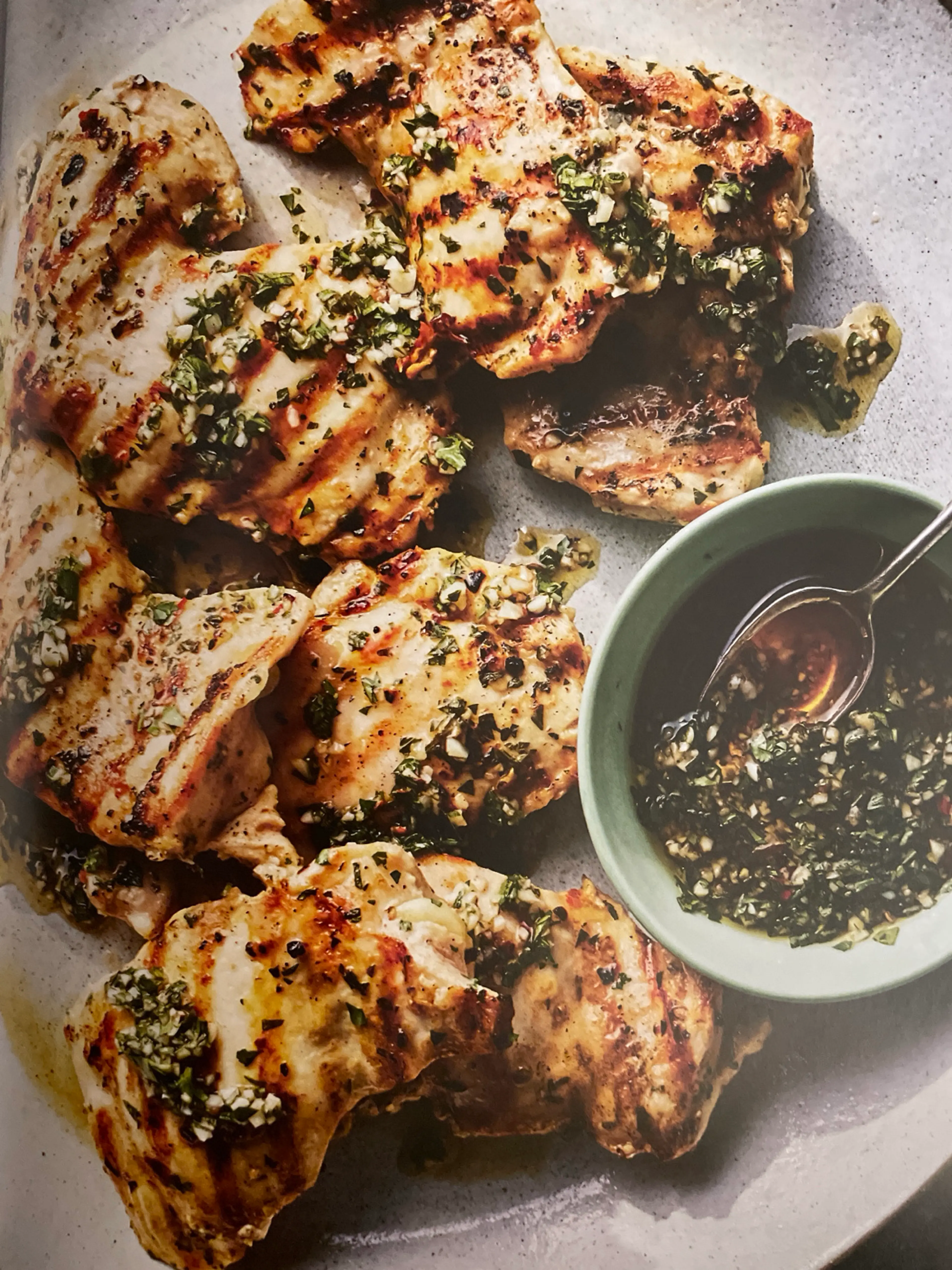 Grilled Chicken Thighs with Garlicky Chimichurri