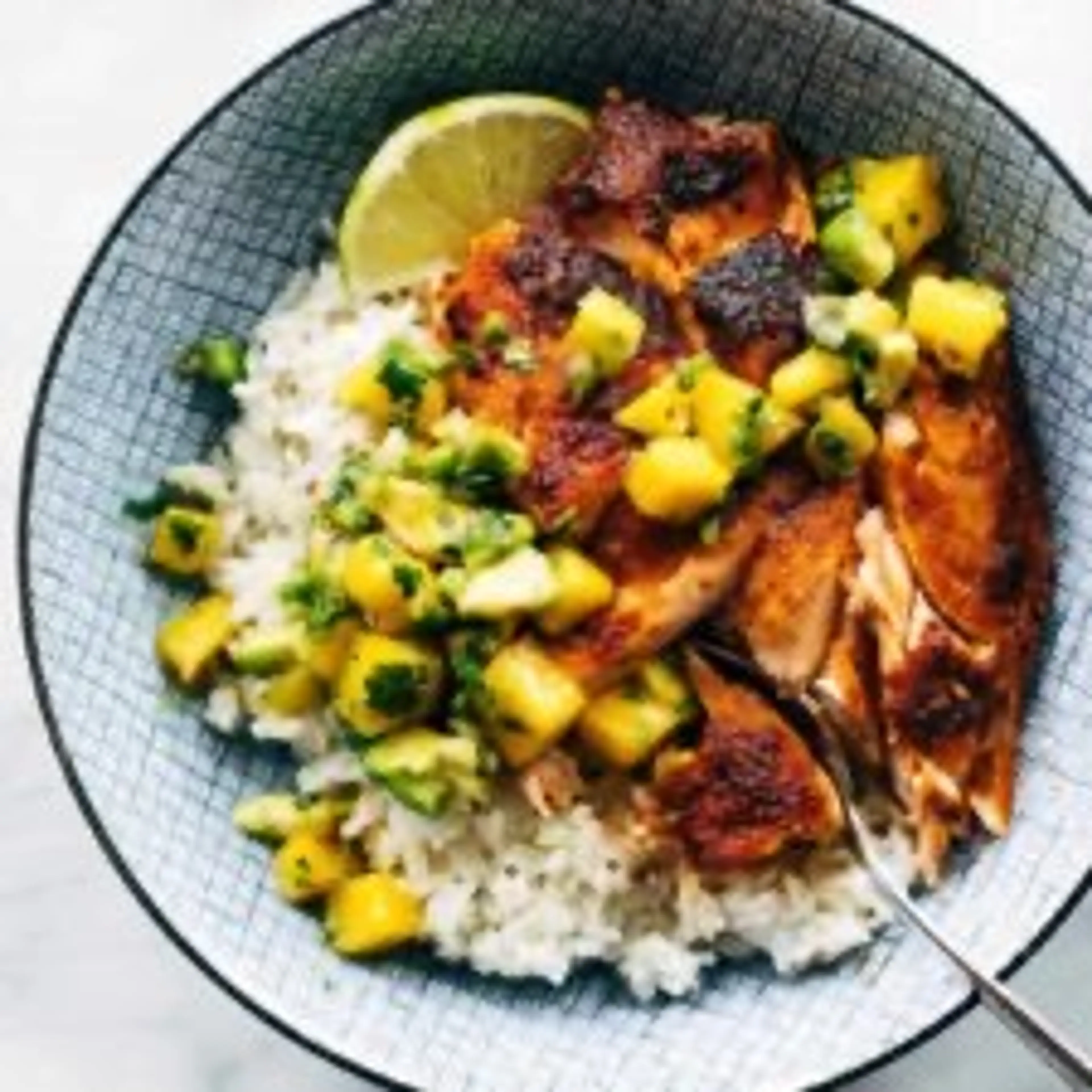 BBQ Salmon Bowls with Mango Avocado Salsa