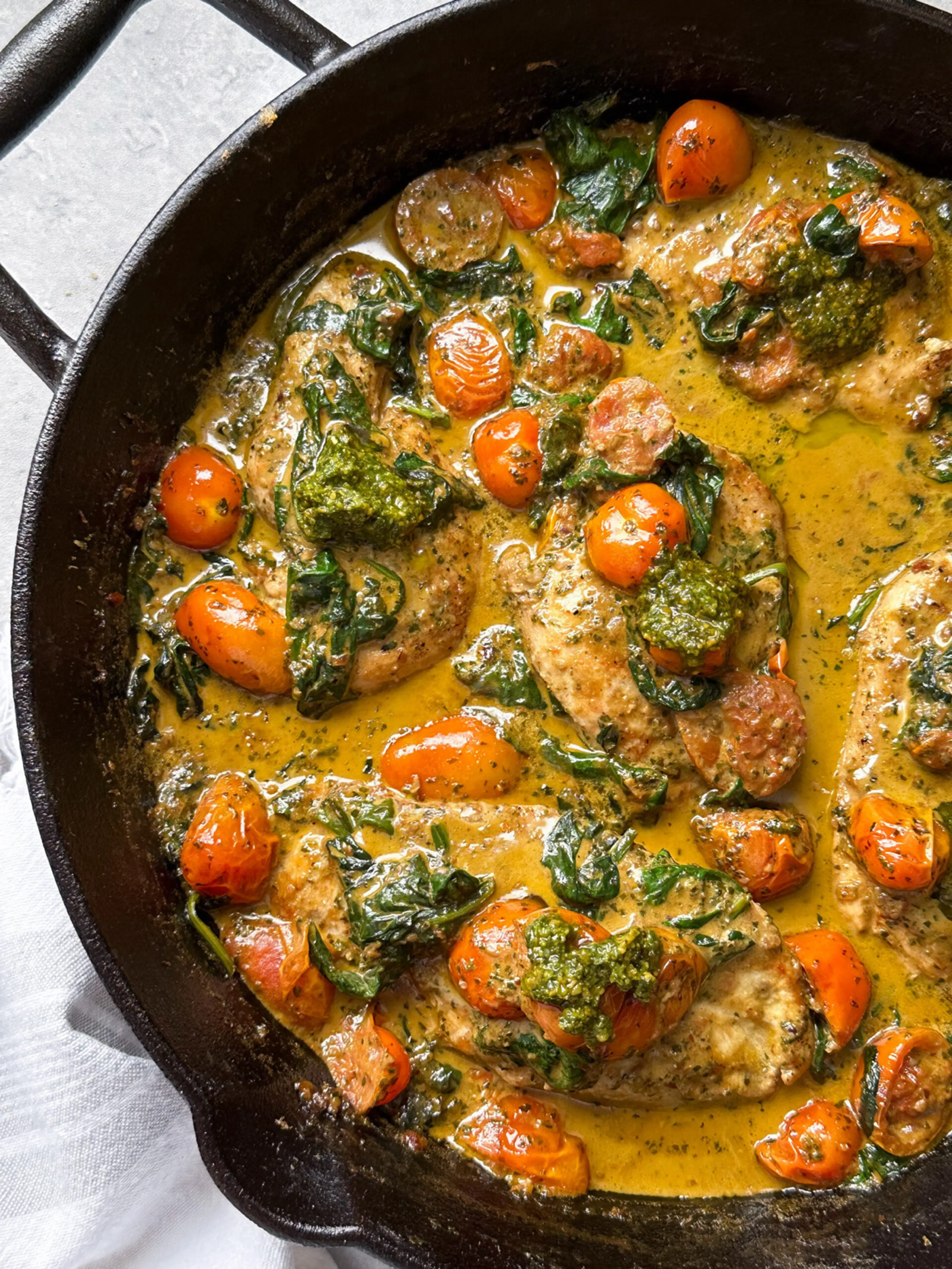 Creamy Pesto Chicken with Roasted Tomatoes & Spinach