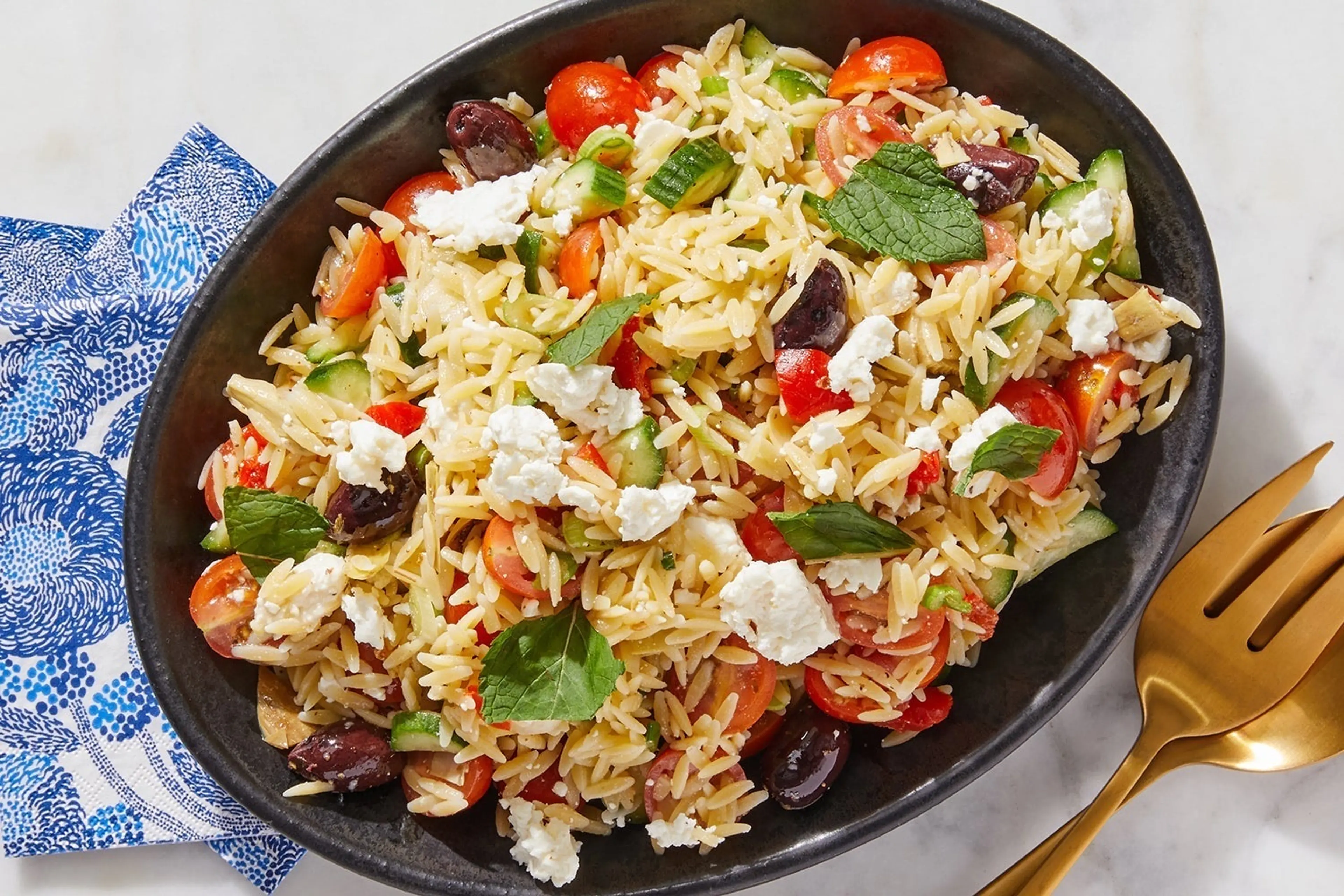 Greek Feta & Orzo Salad with Cucumber, Tomatoes & Mint