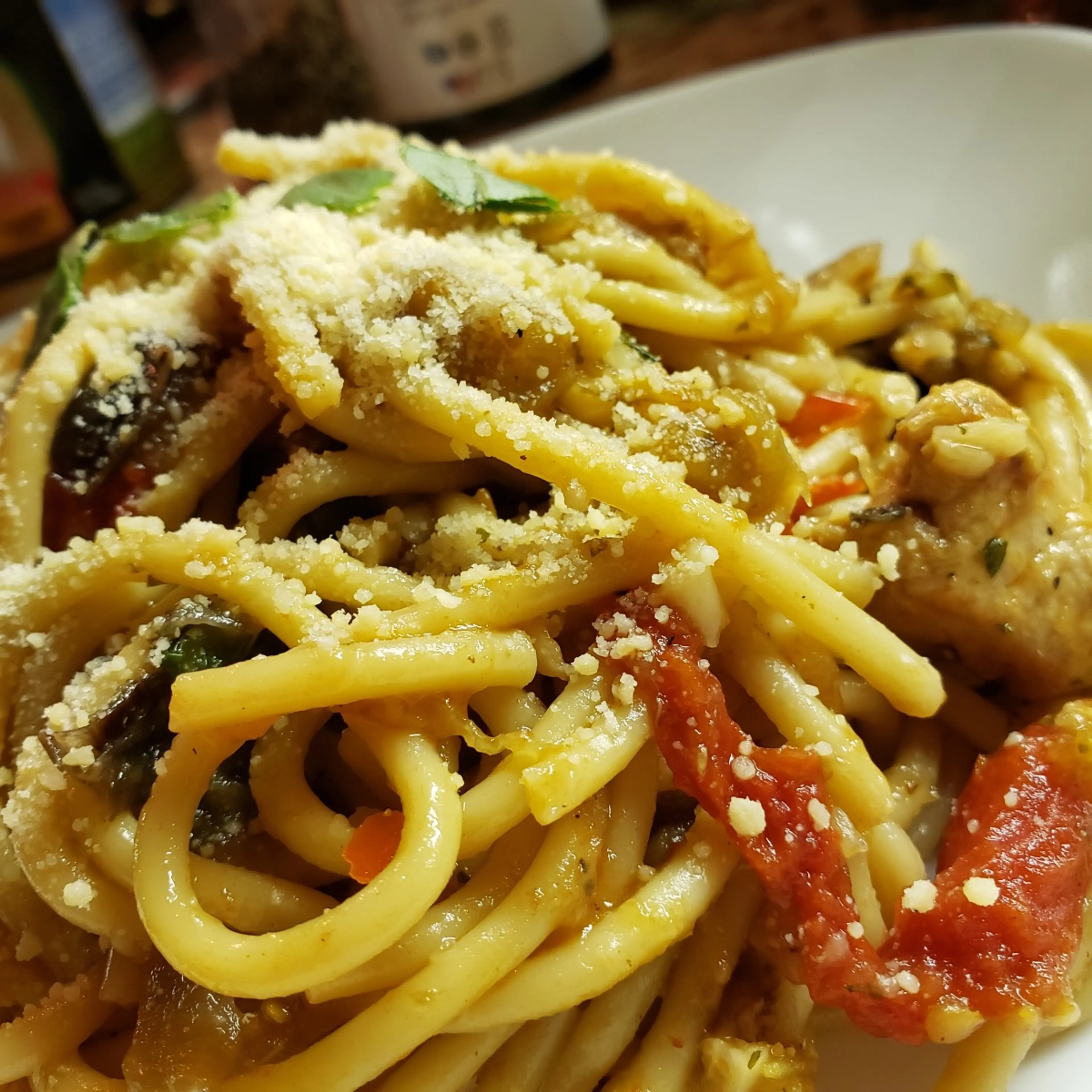 Chicken in a Fresh Tomato and Eggplant Sauce With Spaghetti