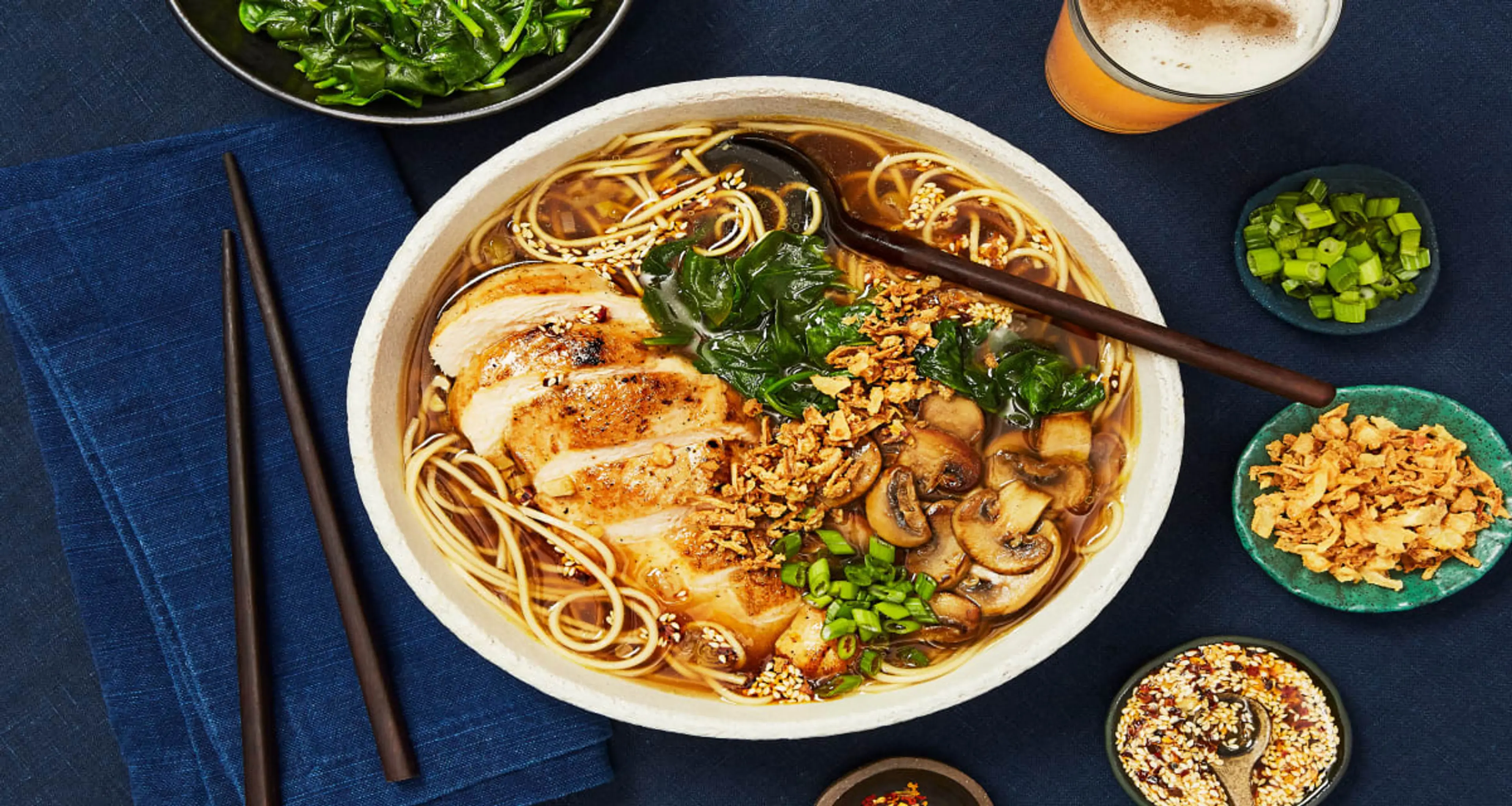 Chicken Ramen in a Shoyu-Style Broth with Mushrooms, Chili G